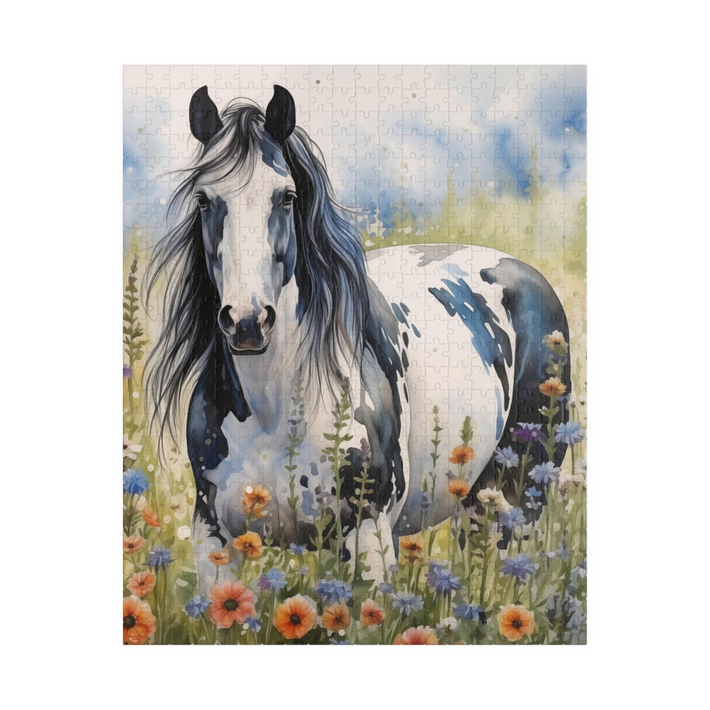American Paint Horse Puzzle in Wildflowers Field (110, 252, 520, 1014-piece) Equine Quarter Equestrienne Pony Stallion Mare Racehorse Colt Filly Animals Steed Jig Saw