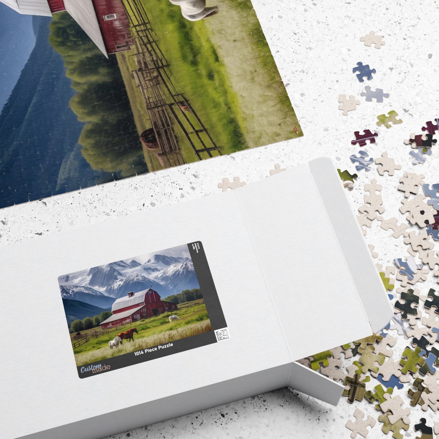 Country Scenic Puzzle — Red Barn, Horses & Mountains (110–1014 Pieces)