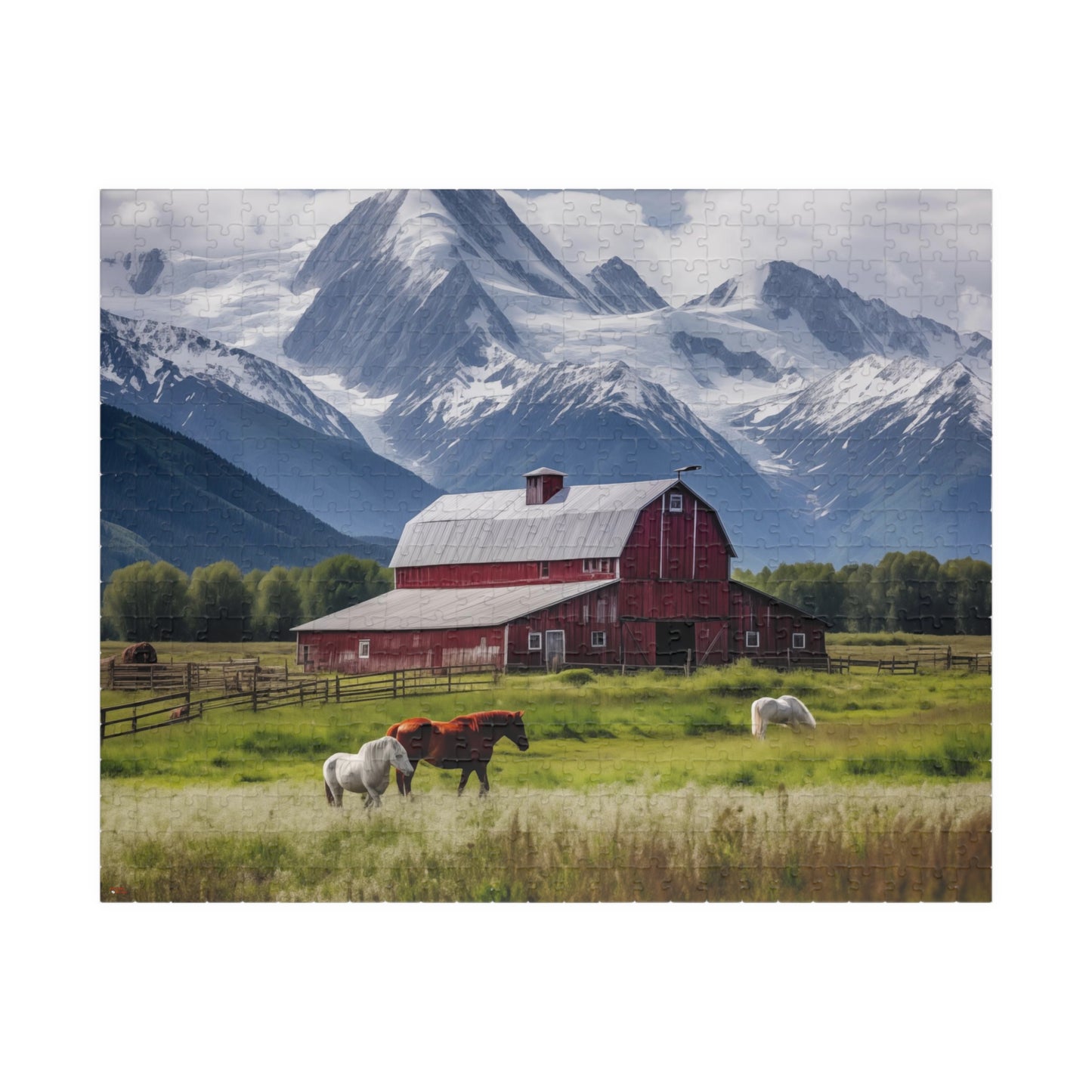 Country Scenic Puzzle — Red Barn, Horses & Mountains (110–1014 Pieces)
