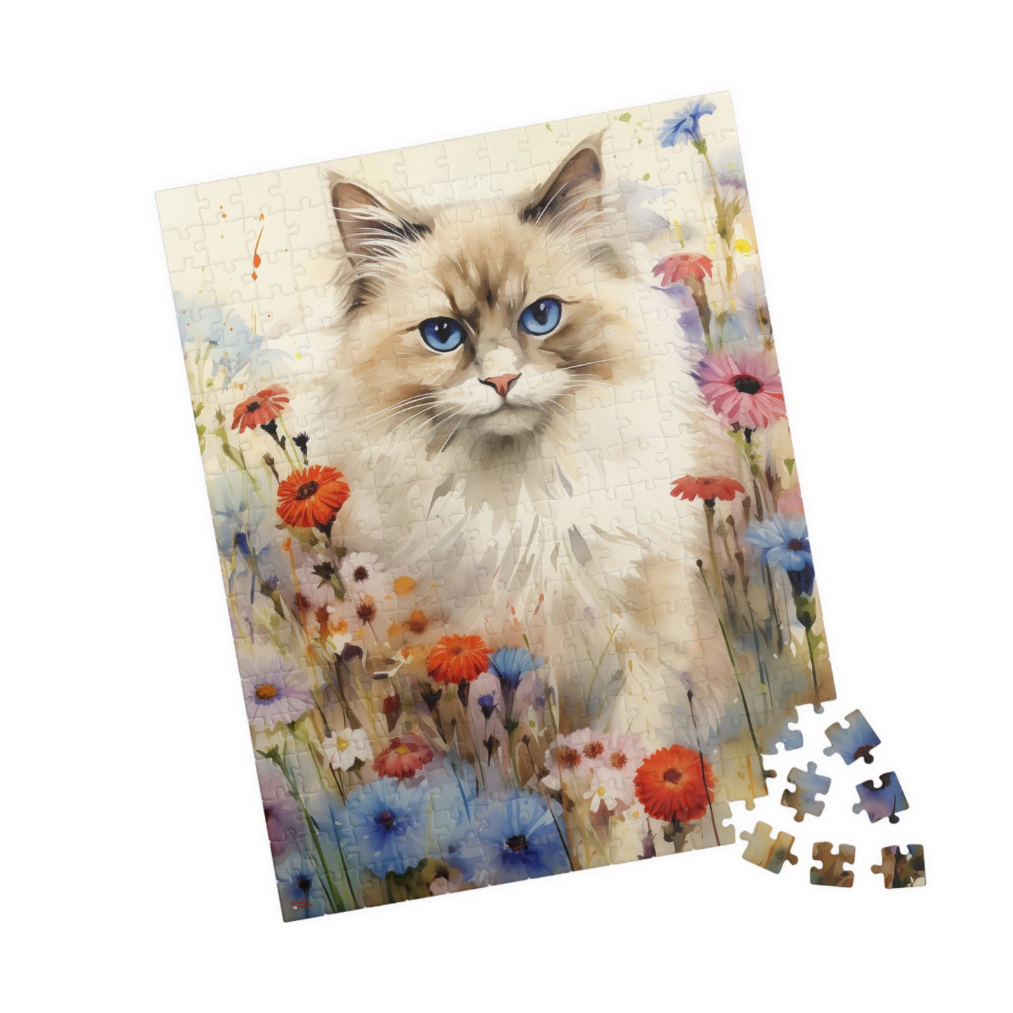 Ragdoll Cat in Wildflowers Watercolor Puzzle, 100% Chipboard, 110-1014 Pieces, Glossy Laminated Finish Feline Pussycat Kitten Family Pet Jig Saw Animals Girls Women Lady