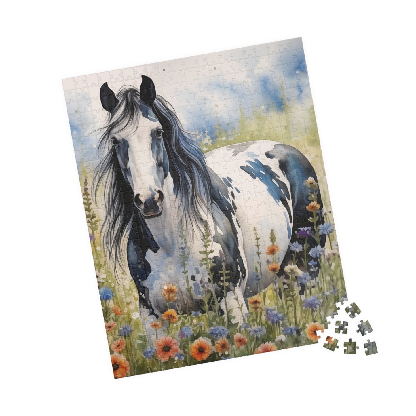 American Paint Horse Puzzle in Wildflowers Field (110, 252, 520, 1014-piece) Equine Quarter Equestrienne Pony Stallion Mare Racehorse Colt Filly Animals Steed Jig Saw