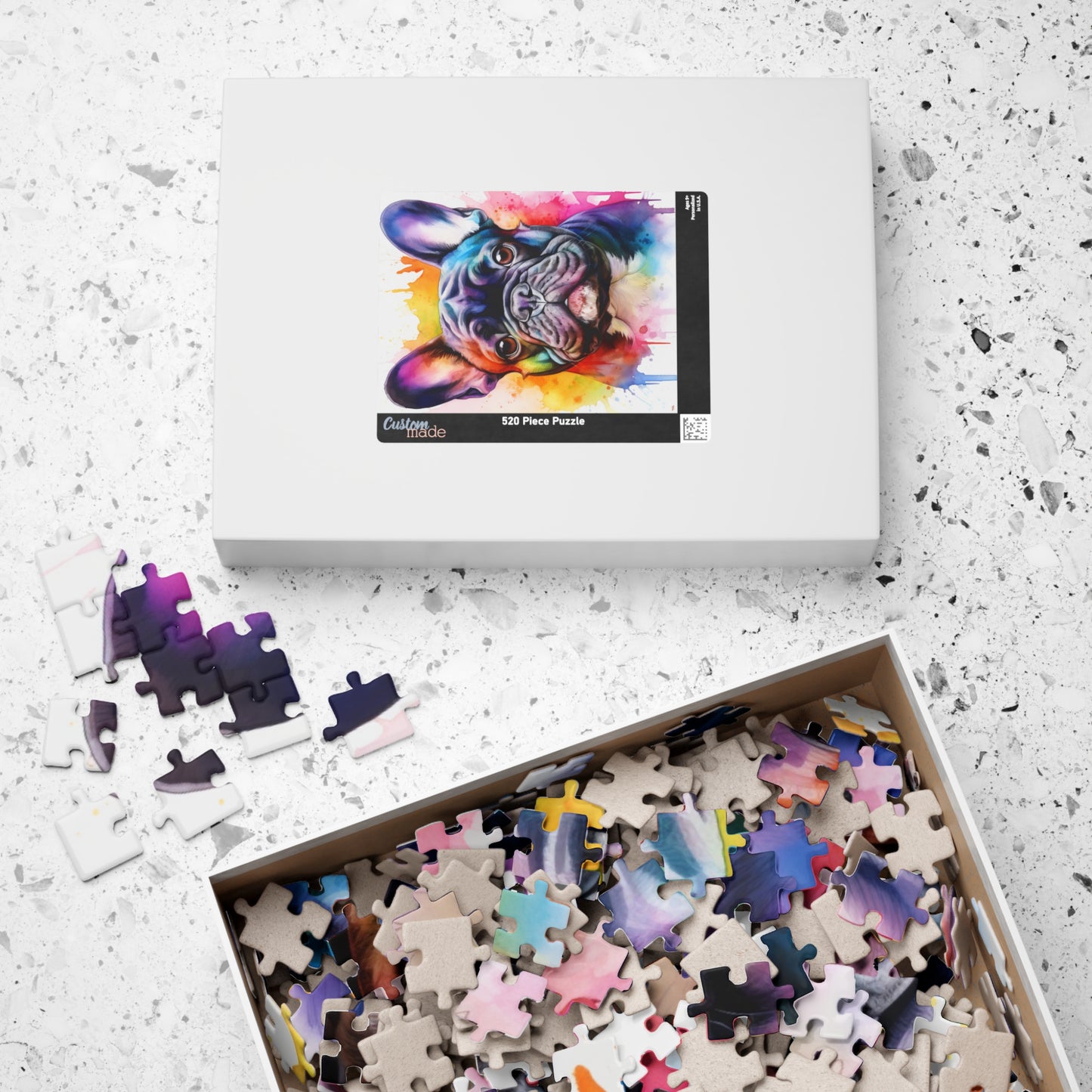 French Bulldog Color Blast Puzzle (110, 252, 520, 1014-piece) Watercolor Jigsaw Jig Saw Family Pet K9 Canine Friend Buddy Tabletop Game