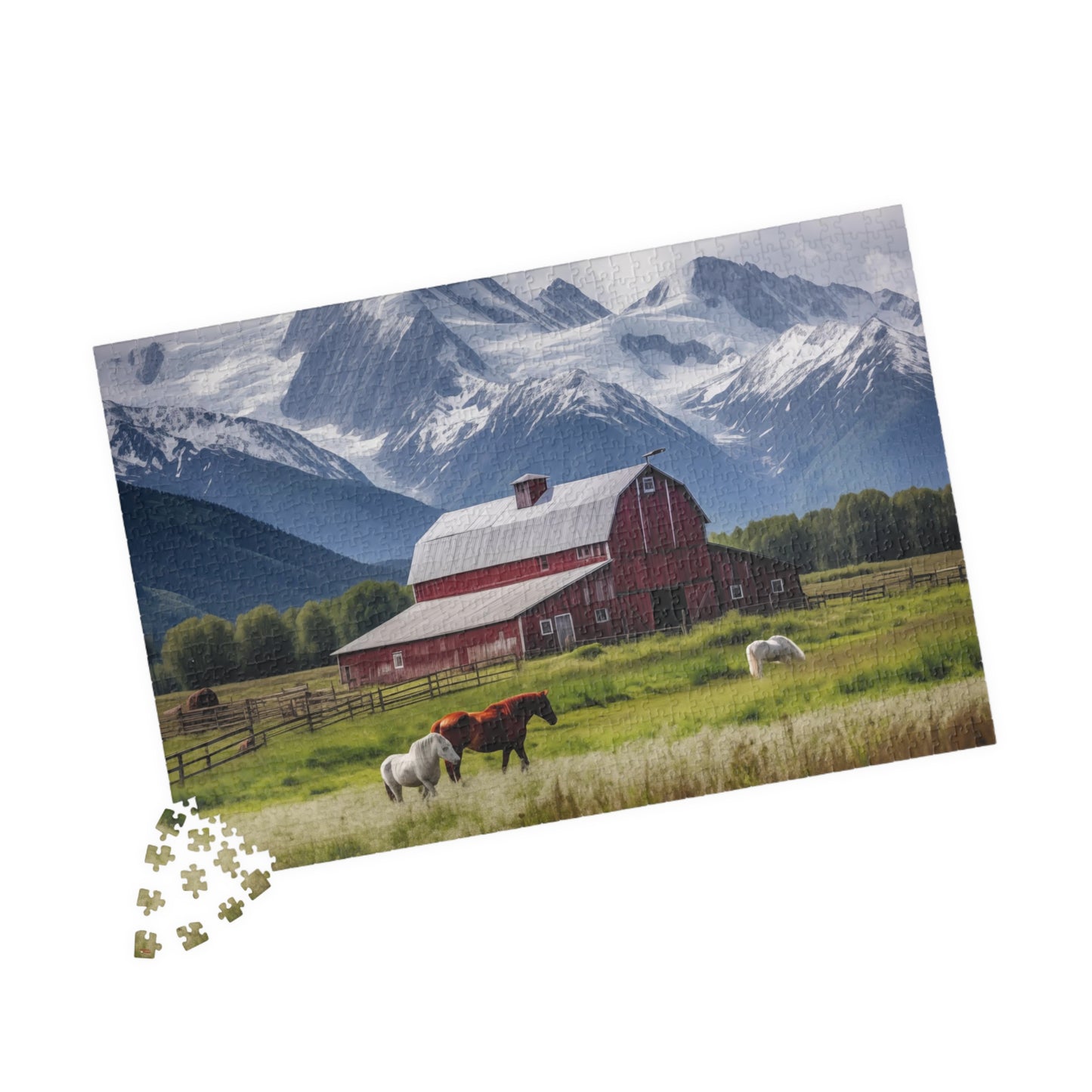 Country Scenic Puzzle — Red Barn, Horses & Mountains (110–1014 Pieces)