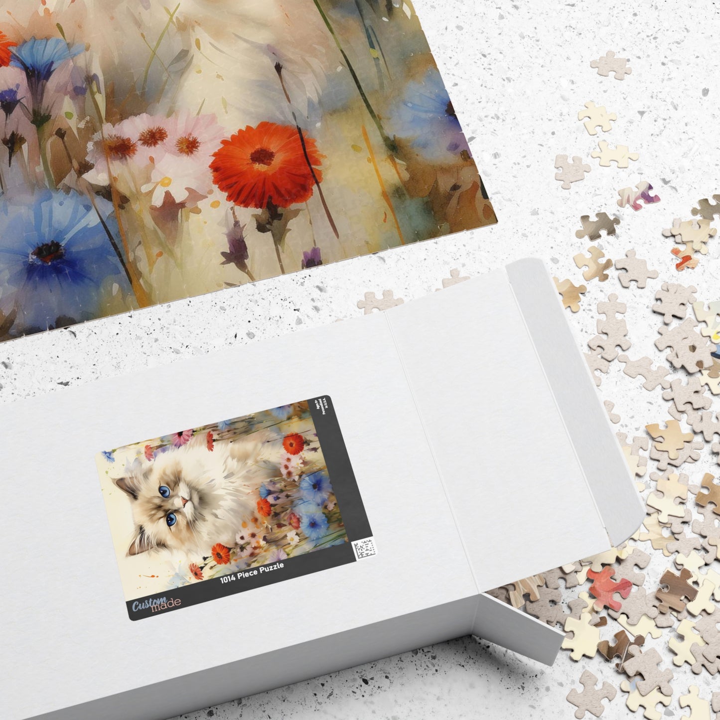 Ragdoll Cat in Wildflowers Watercolor Puzzle, 100% Chipboard, 110-1014 Pieces, Glossy Laminated Finish Feline Pussycat Kitten Family Pet Jig Saw Animals Girls Women Lady