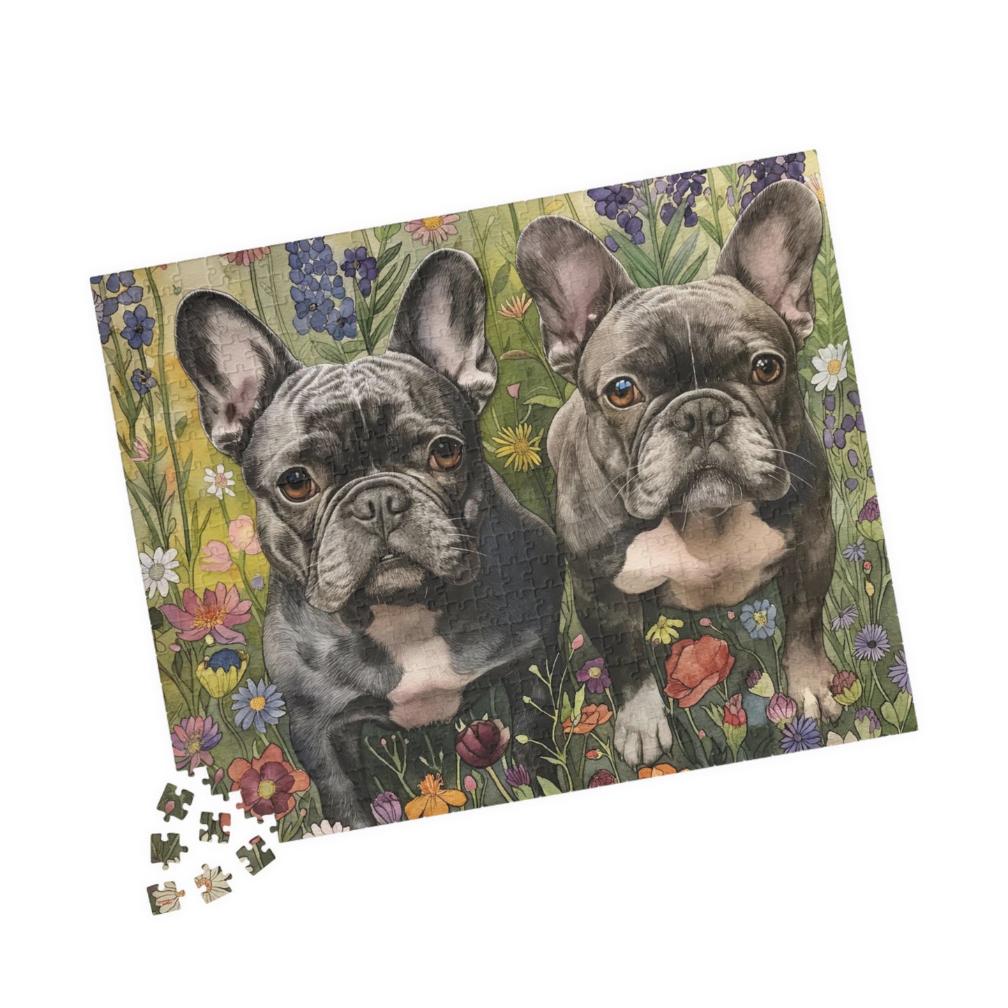 French Bulldog Wildflowers Puzzle — Black & White Dogs in Floral Field (110–1014 pcs)