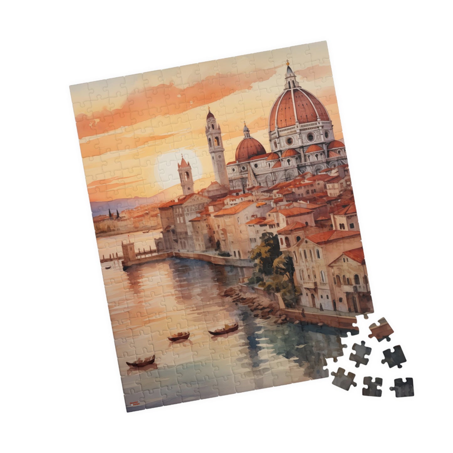Italian Coastal Sunset Puzzle — Watercolor Cityscape (110–1014 pcs)