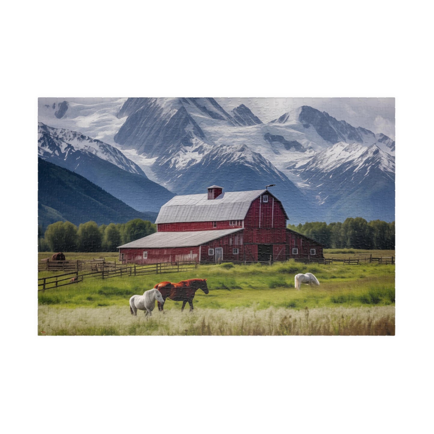 Country Scenic Puzzle — Red Barn, Horses & Mountains (110–1014 Pieces)