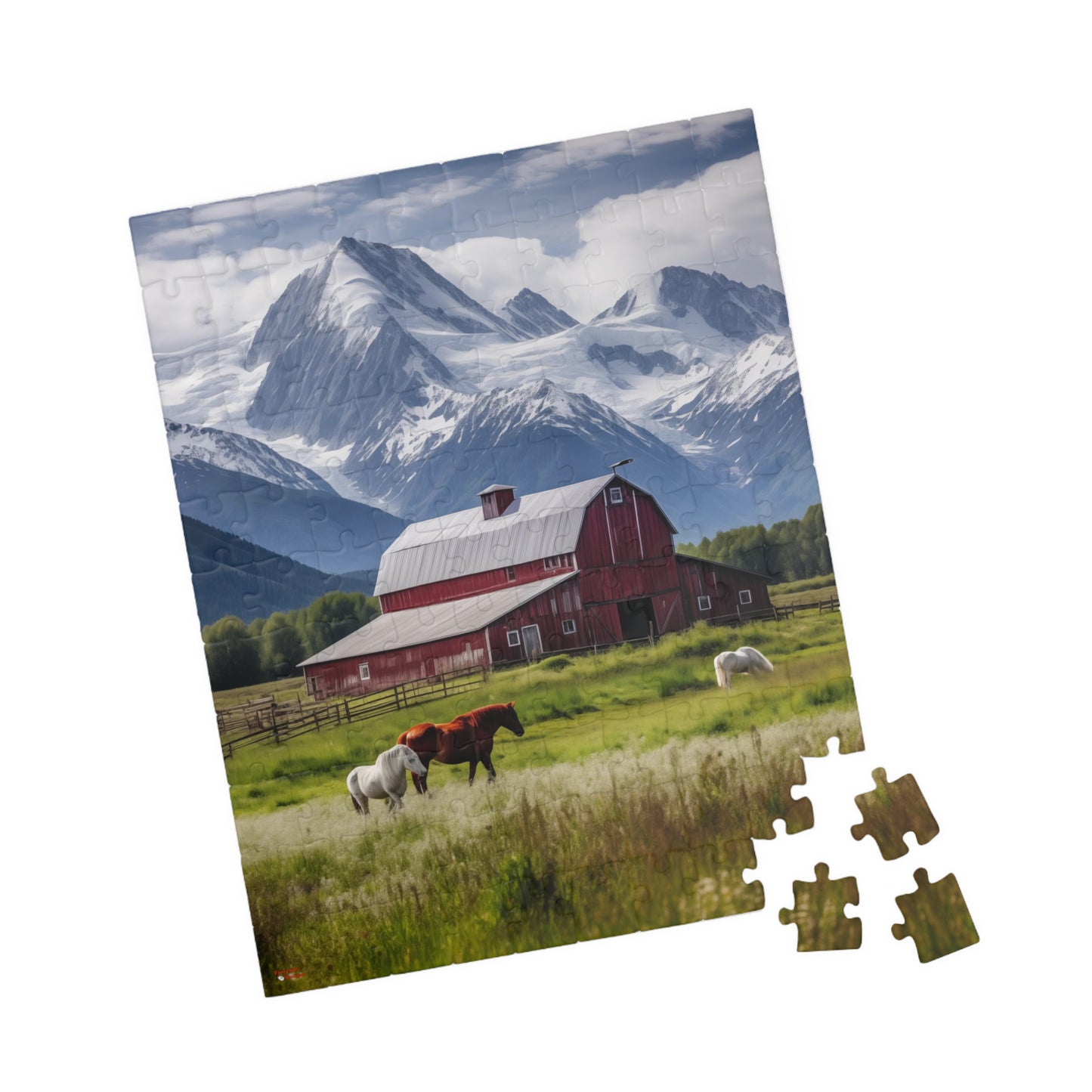 Country Scenic Puzzle — Red Barn, Horses & Mountains (110–1014 Pieces)