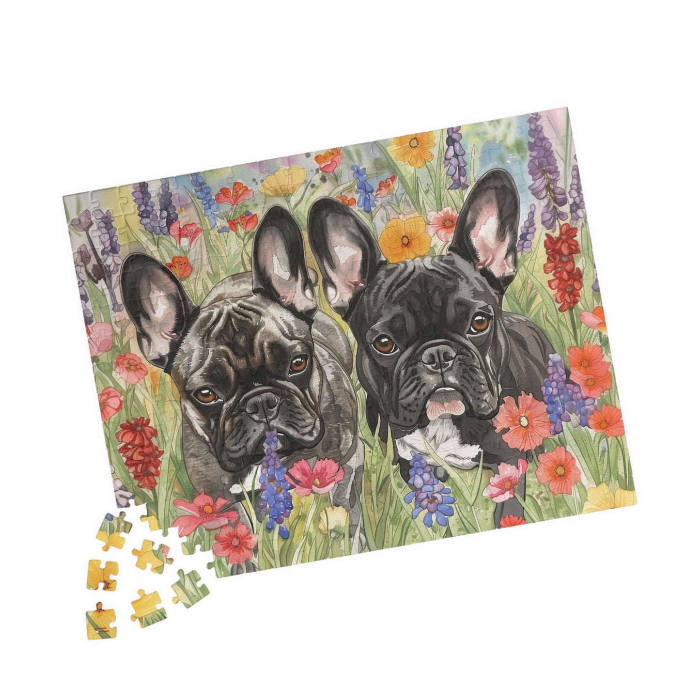 French Bulldog Watercolor Puzzle — Wildflower Field (110–1014 pcs)