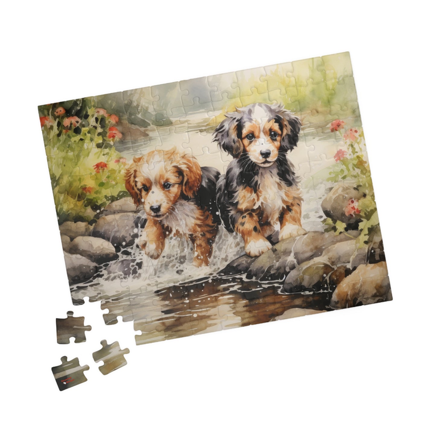 Puppies Running Through a Stream Puzzle — 110/252/520/1014-Piece Jigsaw