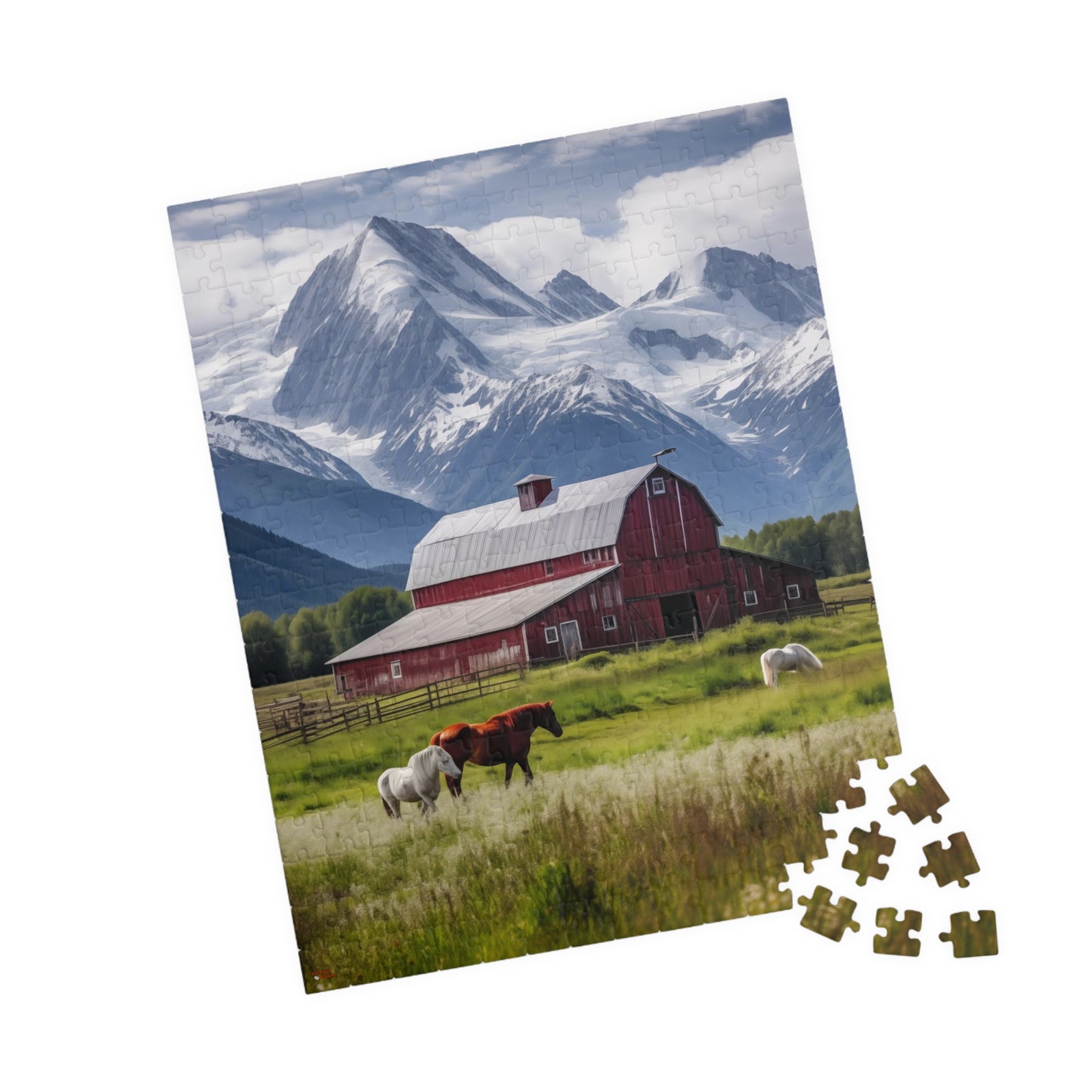 Country Scenic Puzzle — Red Barn, Horses & Mountains (110–1014 Pieces)