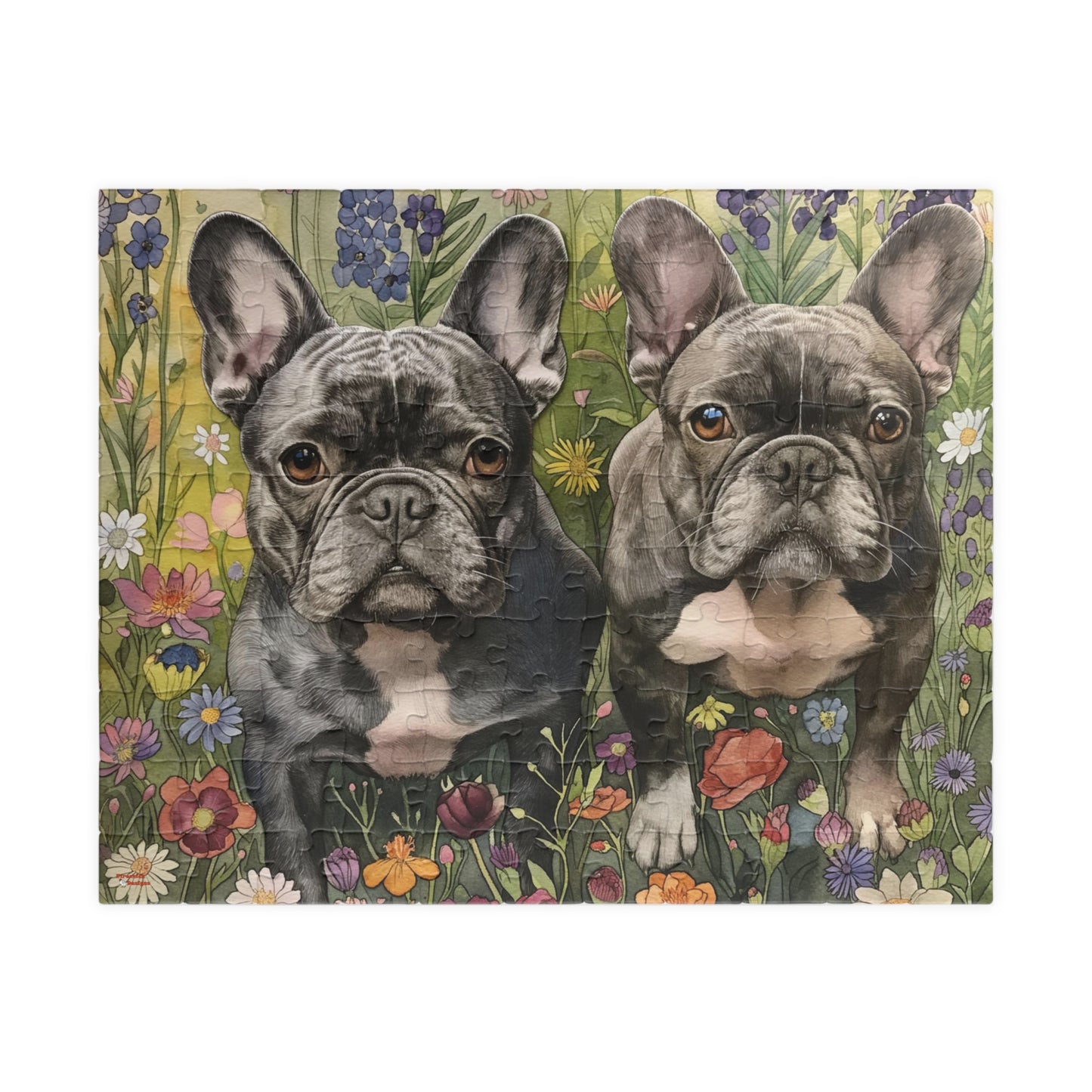 French Bulldog Wildflowers Puzzle — Black & White Dogs in Floral Field (110–1014 pcs)