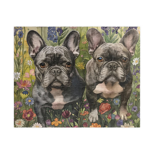 French Bulldog Wildflowers Puzzle — Black & White Dogs in Floral Field (110–1014 pcs)