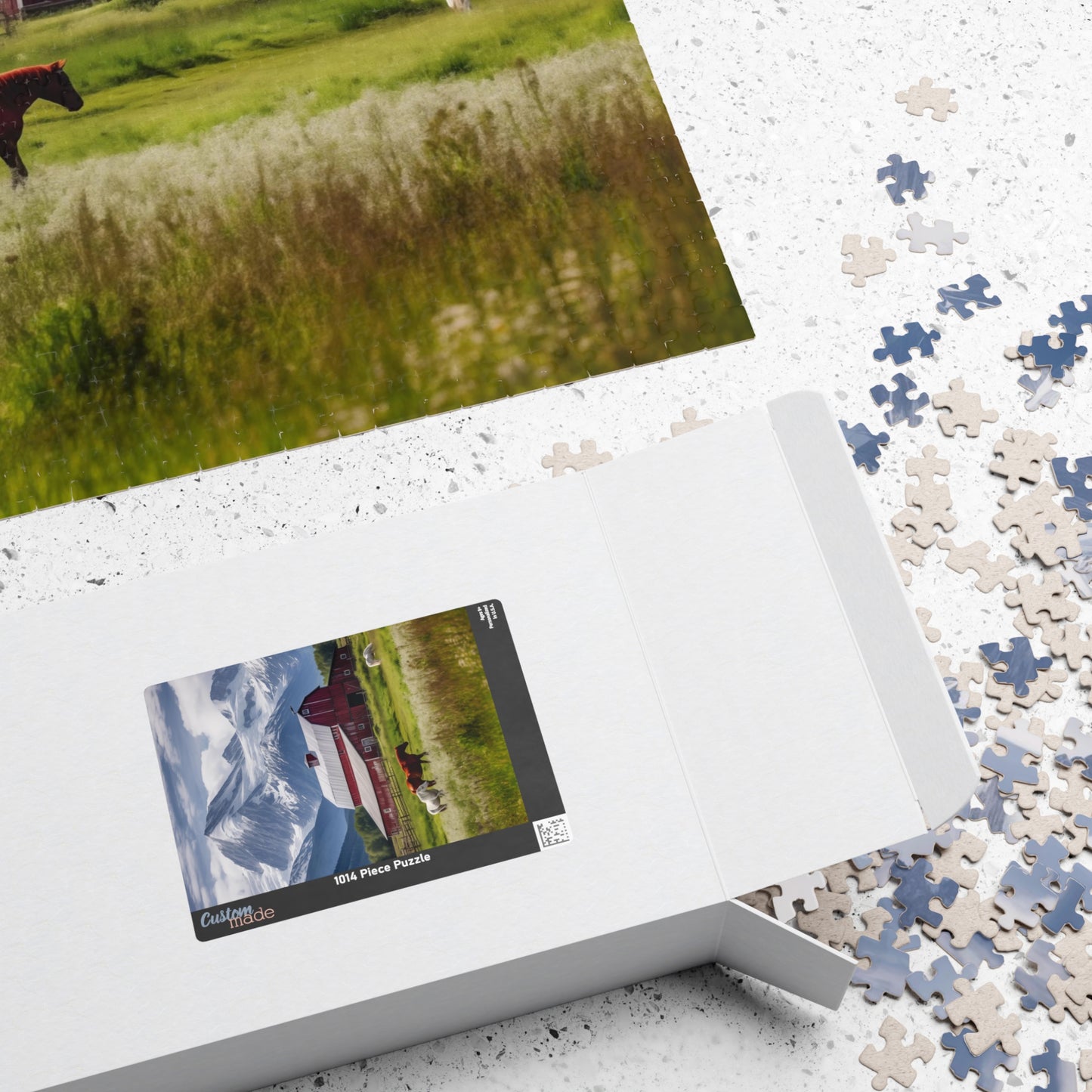 Country Scenic Puzzle — Red Barn, Horses & Mountains (110–1014 Pieces)