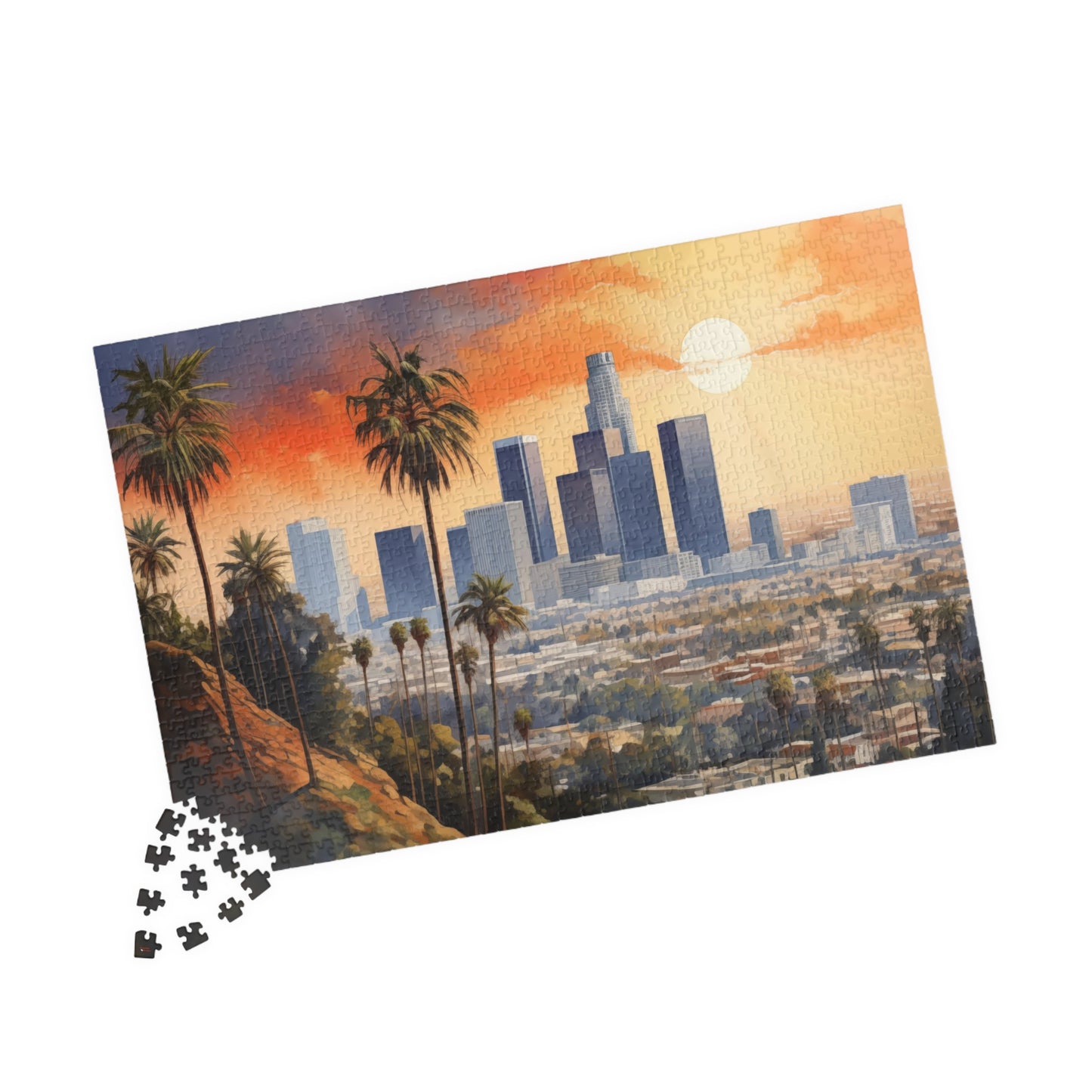 Los Angeles Watercolor Puzzle — Scenic City Map Jigsaw (110–1014 pcs)