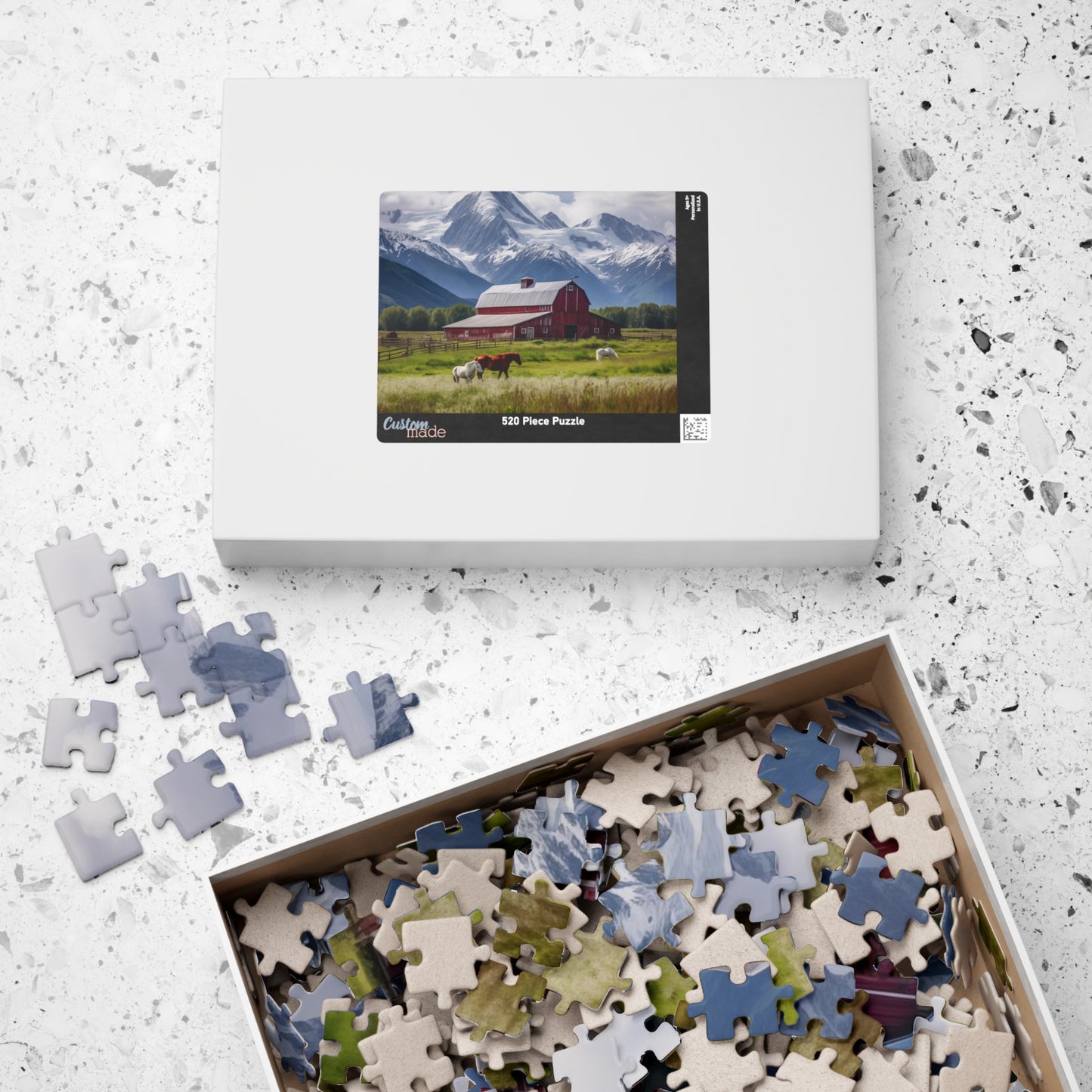 Country Scenic Puzzle — Red Barn, Horses & Mountains (110–1014 Pieces)
