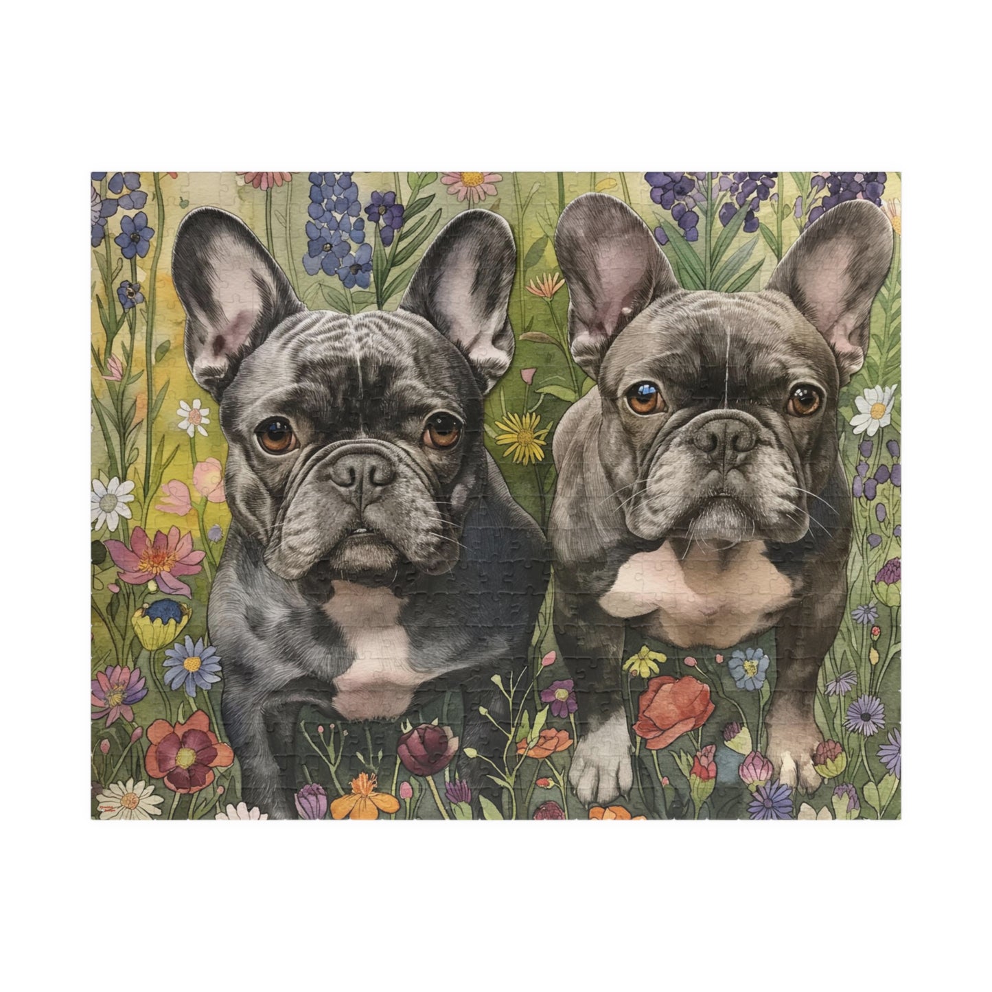 French Bulldog Wildflowers Puzzle — Black & White Dogs in Floral Field (110–1014 pcs)