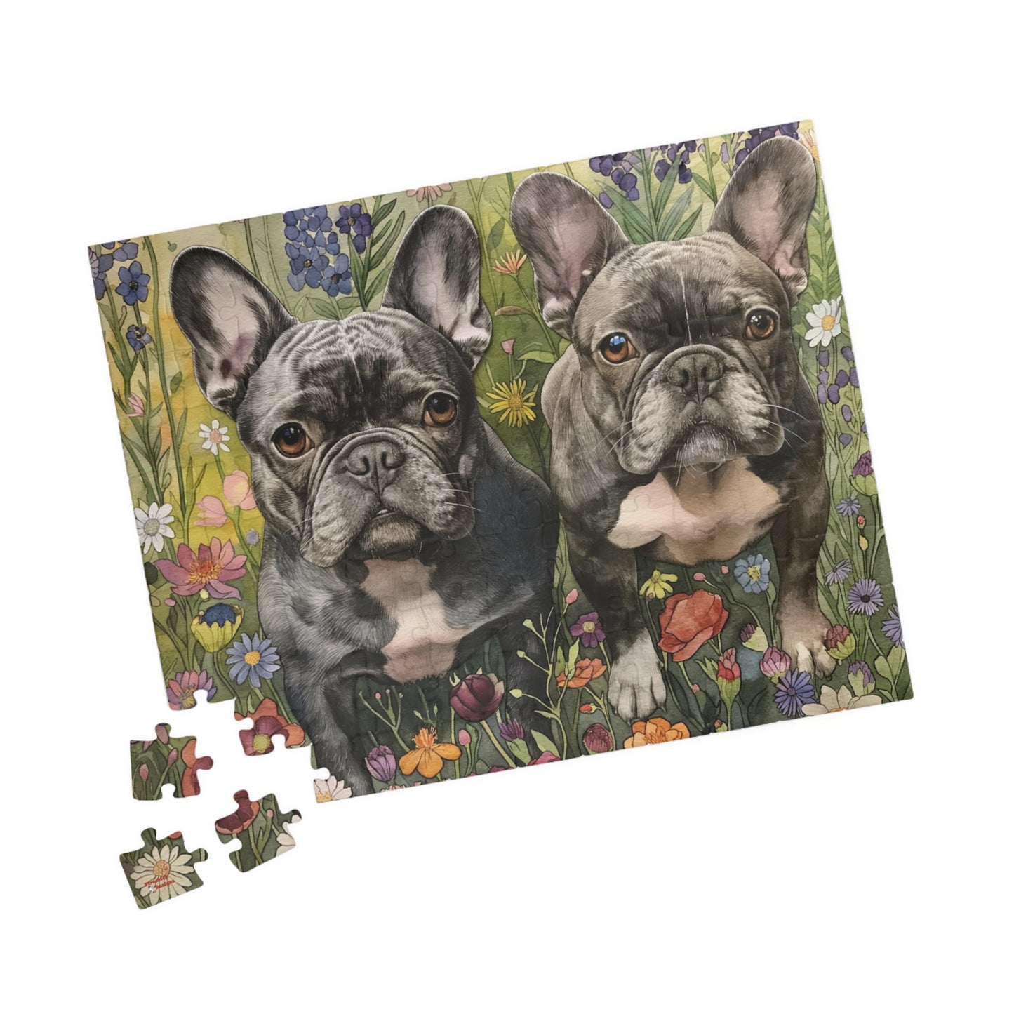 French Bulldog Wildflowers Puzzle — Black & White Dogs in Floral Field (110–1014 pcs)