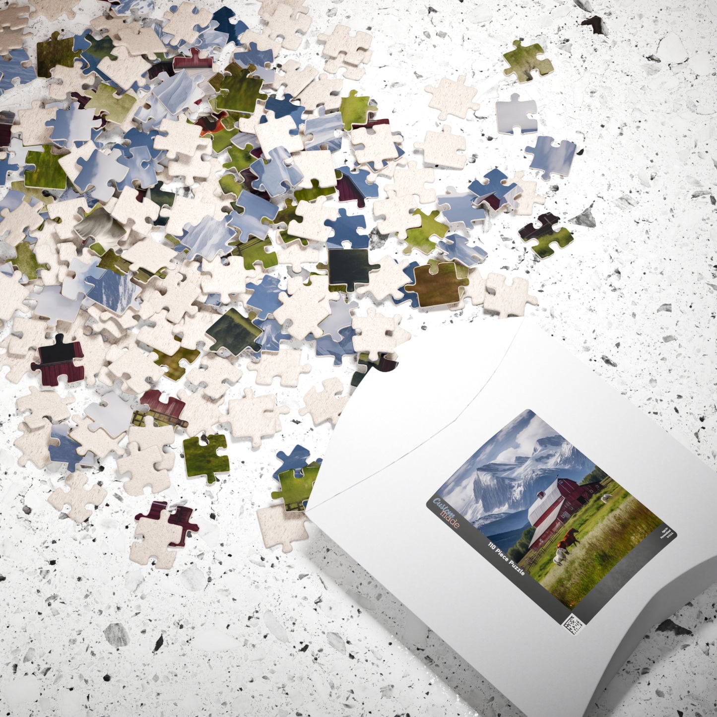Country Scenic Puzzle — Red Barn, Horses & Mountains (110–1014 Pieces)