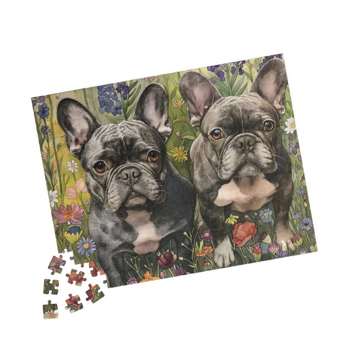 French Bulldog Wildflowers Puzzle — Black & White Dogs in Floral Field (110–1014 pcs)