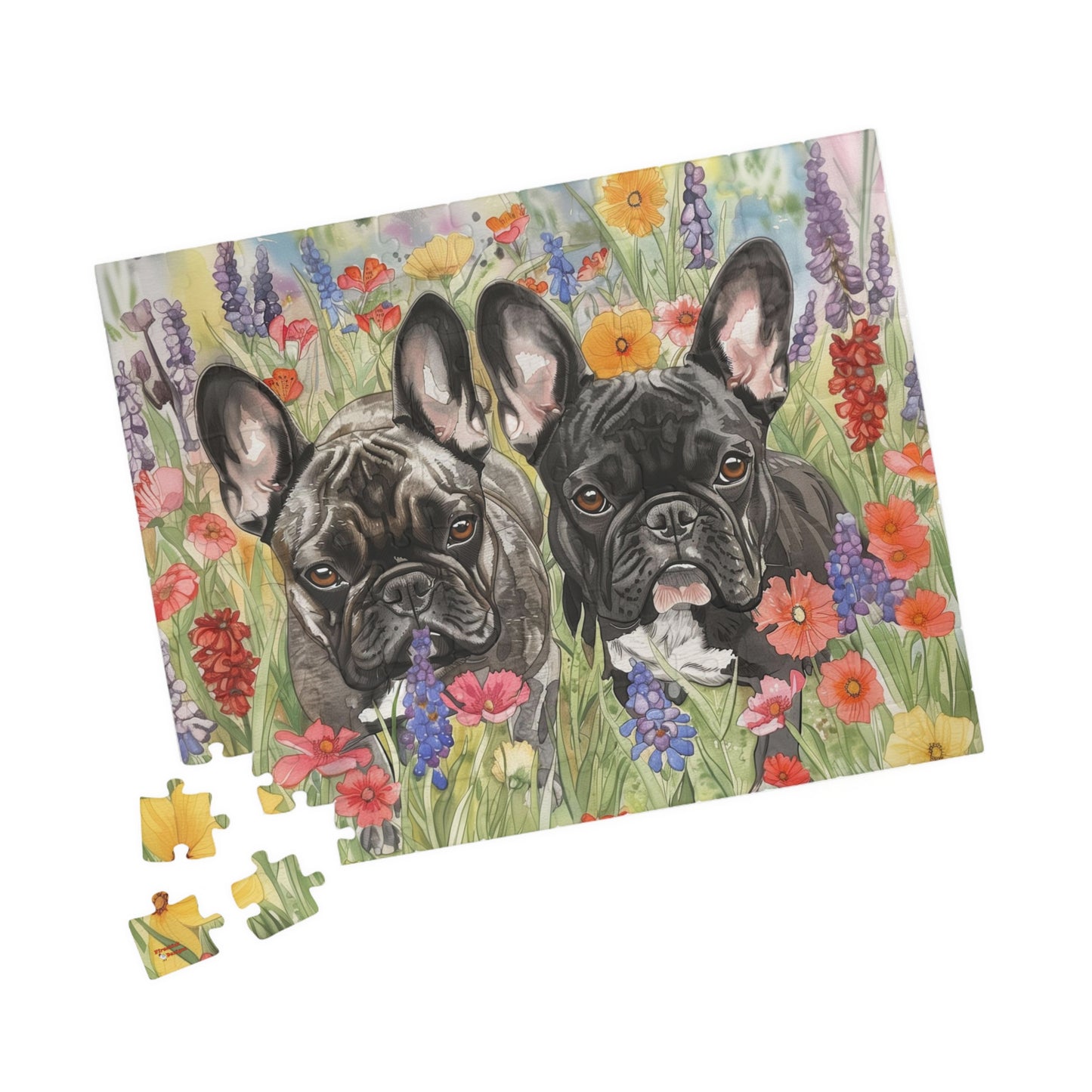 French Bulldog Watercolor Puzzle — Wildflower Field (110–1014 pcs)