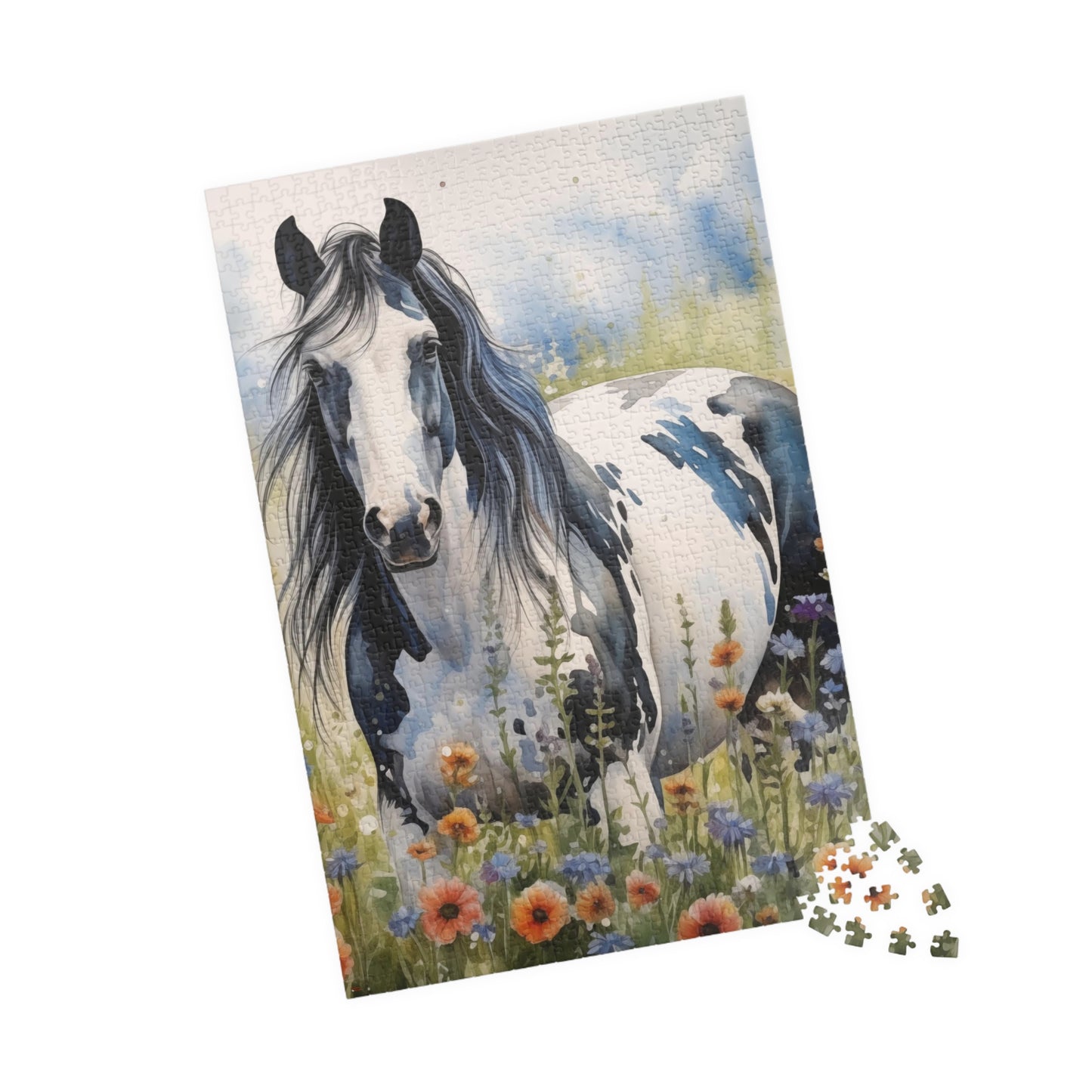 American Paint Horse Puzzle in Wildflowers Field (110, 252, 520, 1014-piece) Equine Quarter Equestrienne Pony Stallion Mare Racehorse Colt Filly Animals Steed Jig Saw