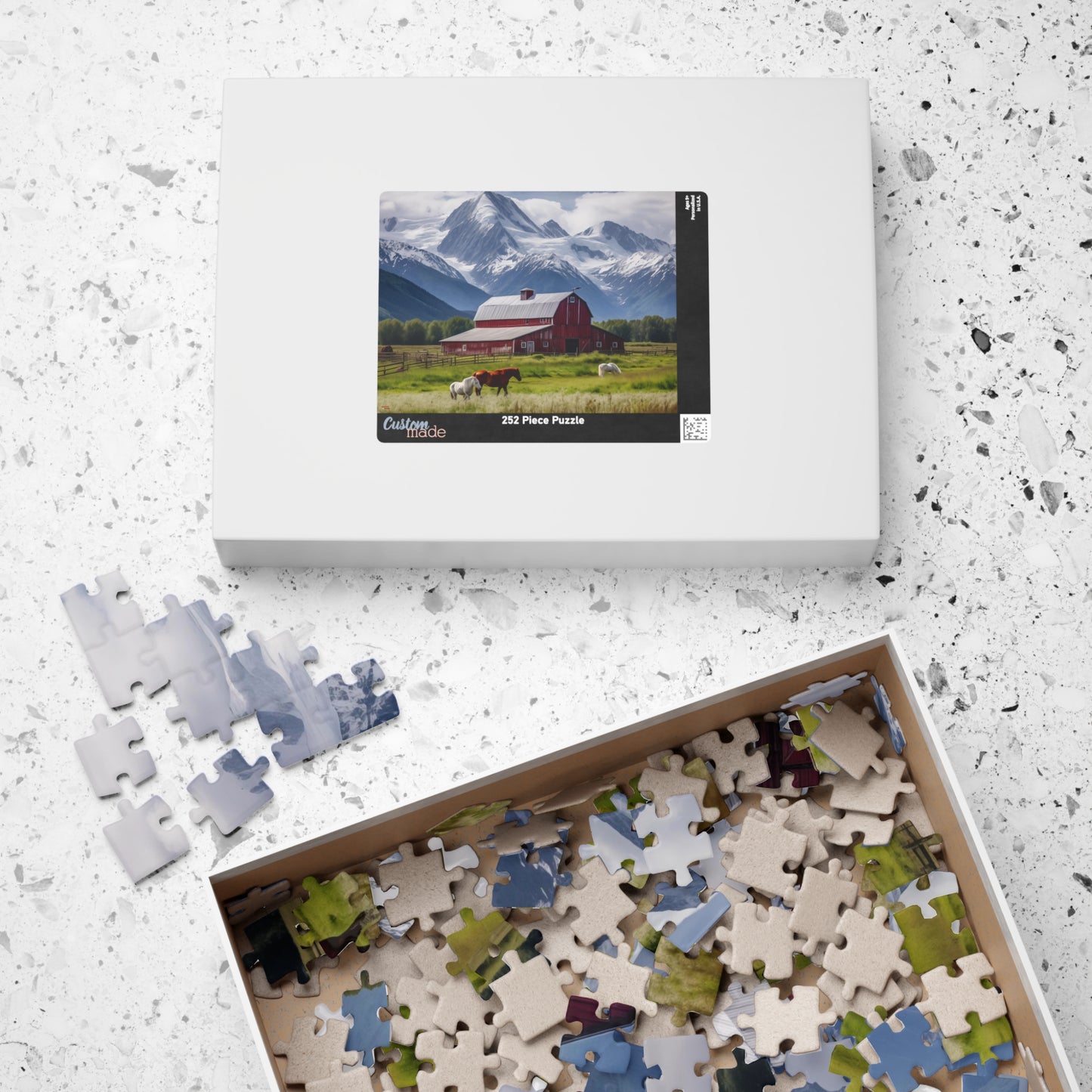 Country Scenic Puzzle — Red Barn, Horses & Mountains (110–1014 Pieces)