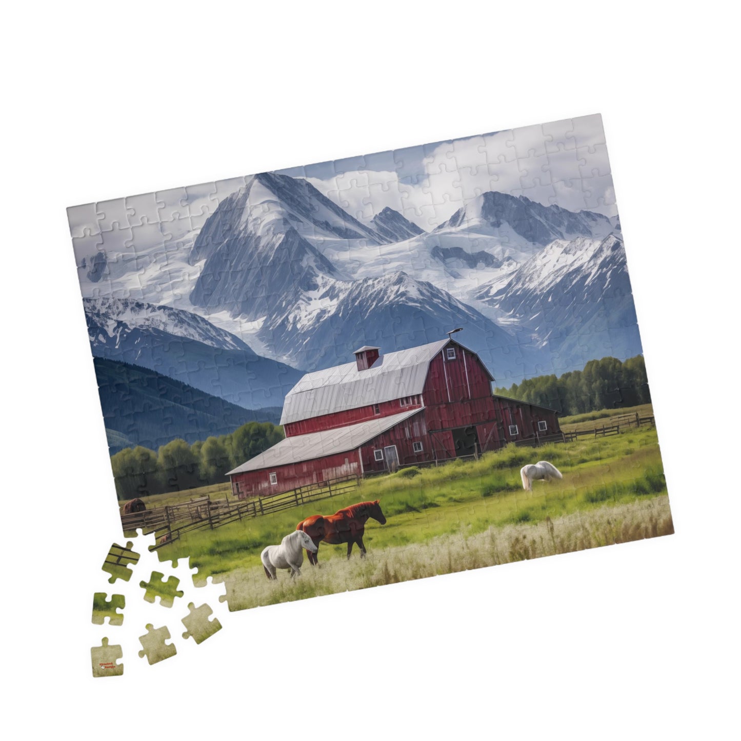 Country Scenic Puzzle — Red Barn, Horses & Mountains (110–1014 Pieces)