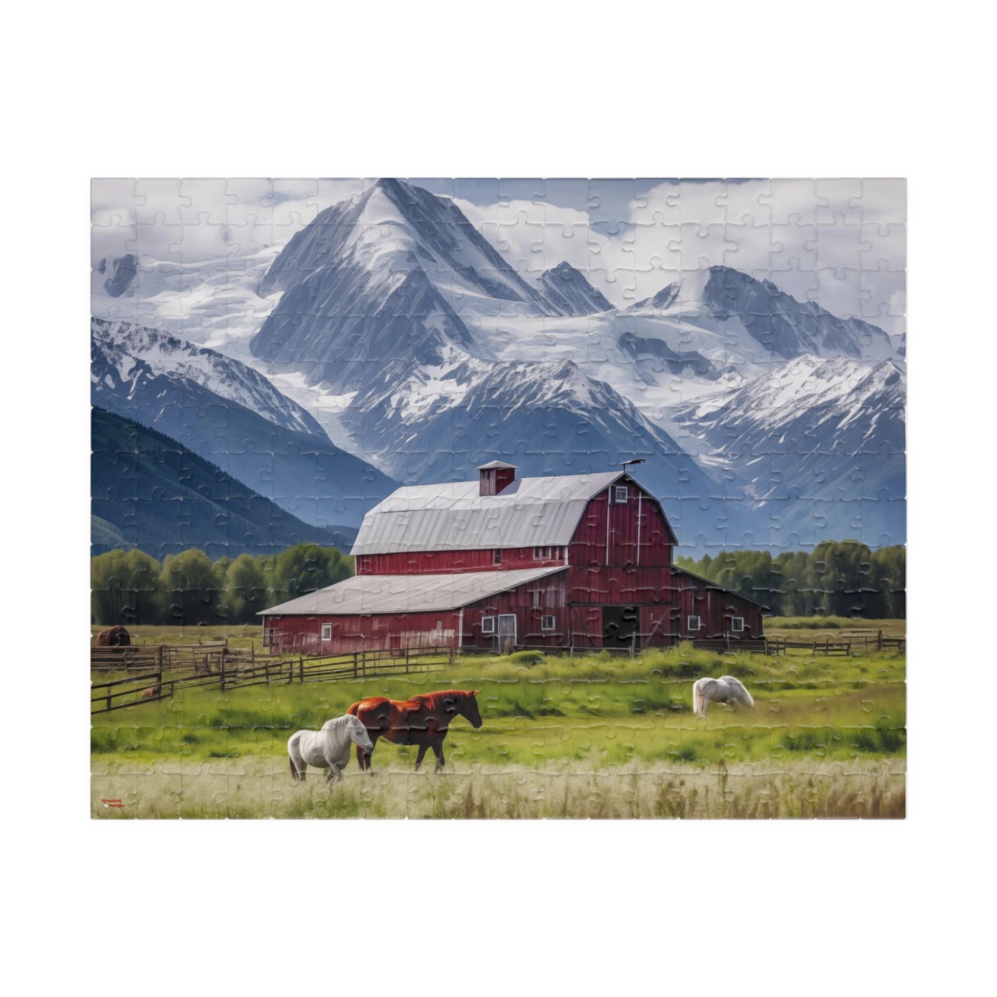 Country Scenic Puzzle — Red Barn, Horses & Mountains (110–1014 Pieces)