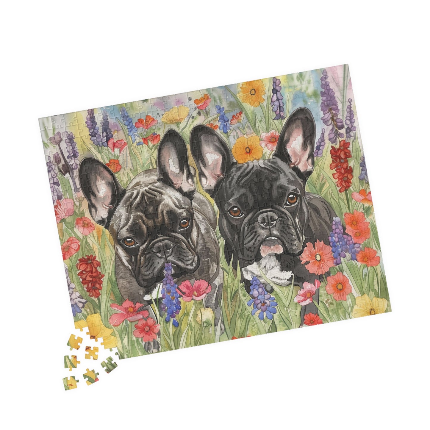French Bulldog Watercolor Puzzle — Wildflower Field (110–1014 pcs)