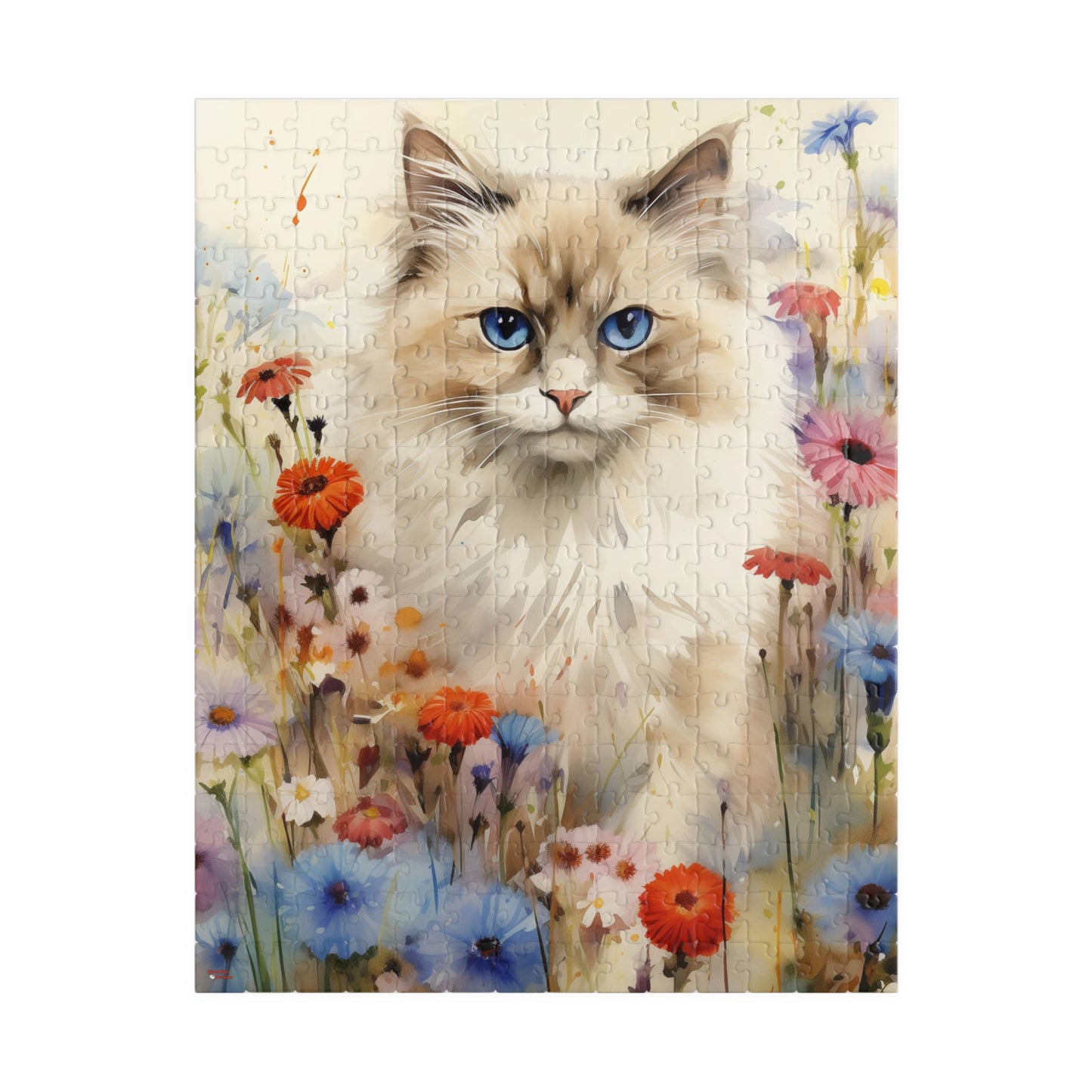 Ragdoll Cat in Wildflowers Watercolor Puzzle, 100% Chipboard, 110-1014 Pieces, Glossy Laminated Finish Feline Pussycat Kitten Family Pet Jig Saw Animals Girls Women Lady