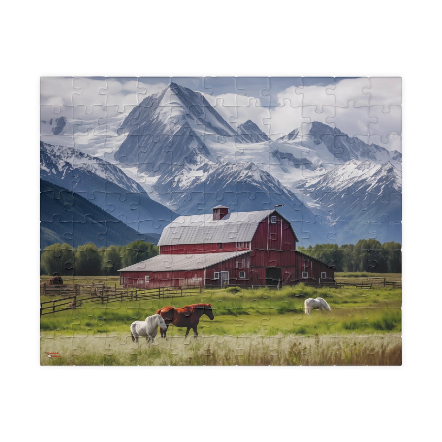 Country Scenic Puzzle — Red Barn, Horses & Mountains (110–1014 Pieces)