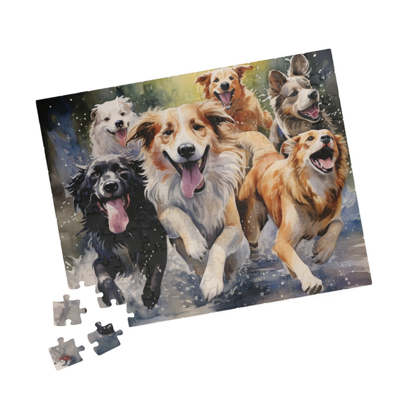 Dog Pack Running Through Water Jigsaw Puzzle — 110/252/520/1014-Piece