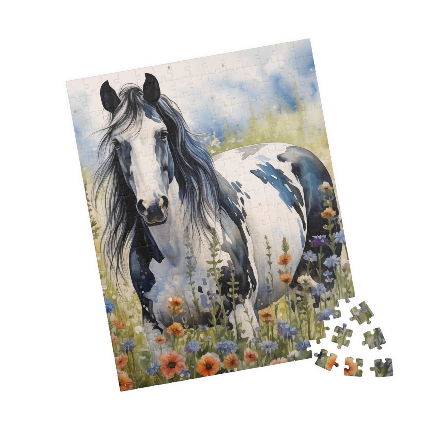 American Paint Horse Puzzle in Wildflowers Field (110, 252, 520, 1014-piece) Equine Quarter Equestrienne Pony Stallion Mare Racehorse Colt Filly Animals Steed Jig Saw