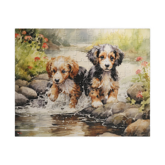 Puppies Running Through a Stream Puzzle — 110/252/520/1014-Piece Jigsaw