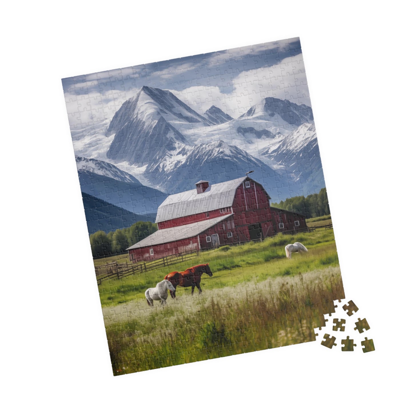 Country Scenic Puzzle — Red Barn, Horses & Mountains (110–1014 Pieces)