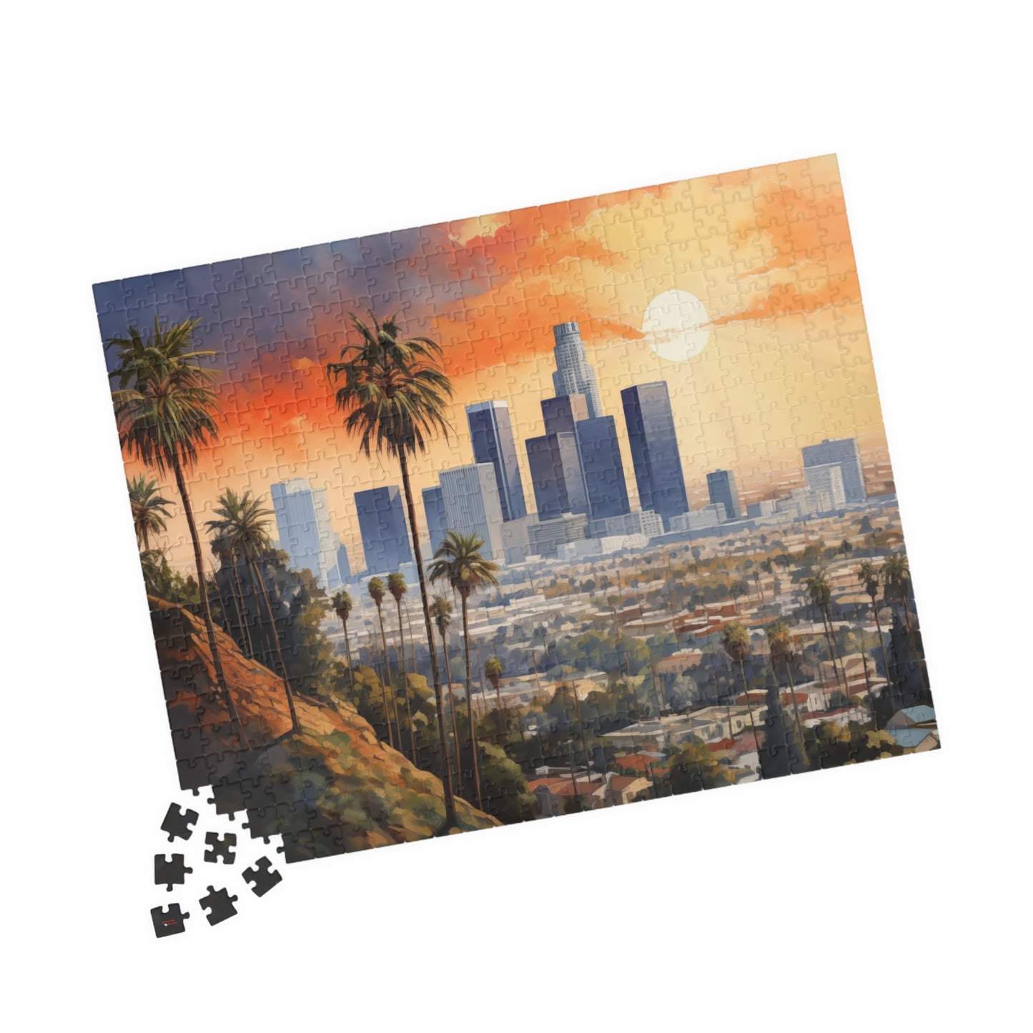 Los Angeles Watercolor Puzzle — Scenic City Map Jigsaw (110–1014 pcs)