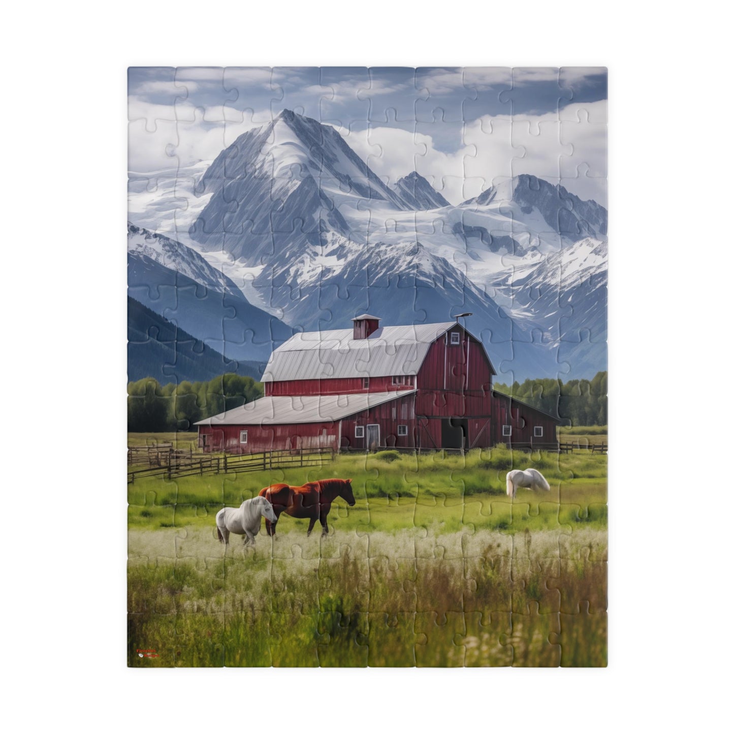 Country Scenic Puzzle — Red Barn, Horses & Mountains (110–1014 Pieces)