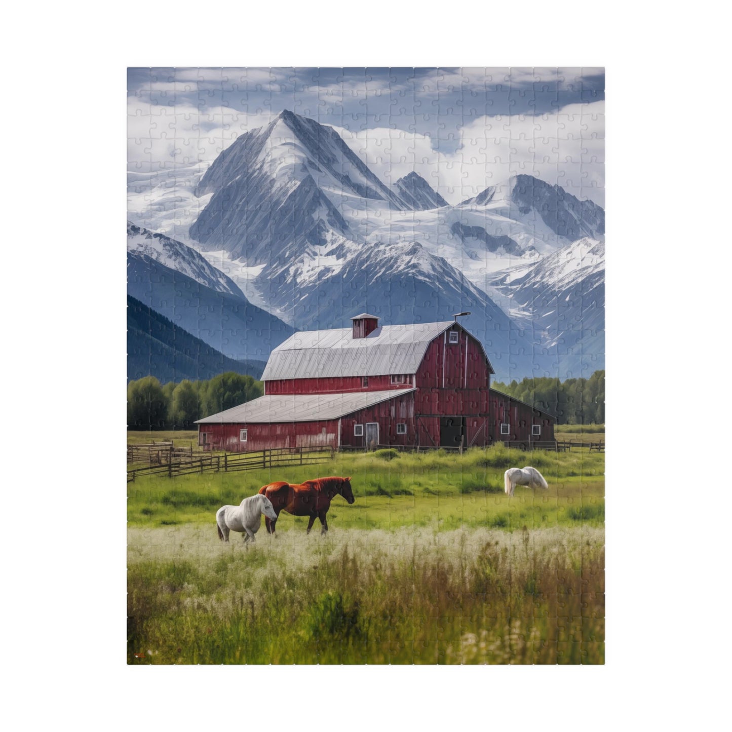 Country Scenic Puzzle — Red Barn, Horses & Mountains (110–1014 Pieces)
