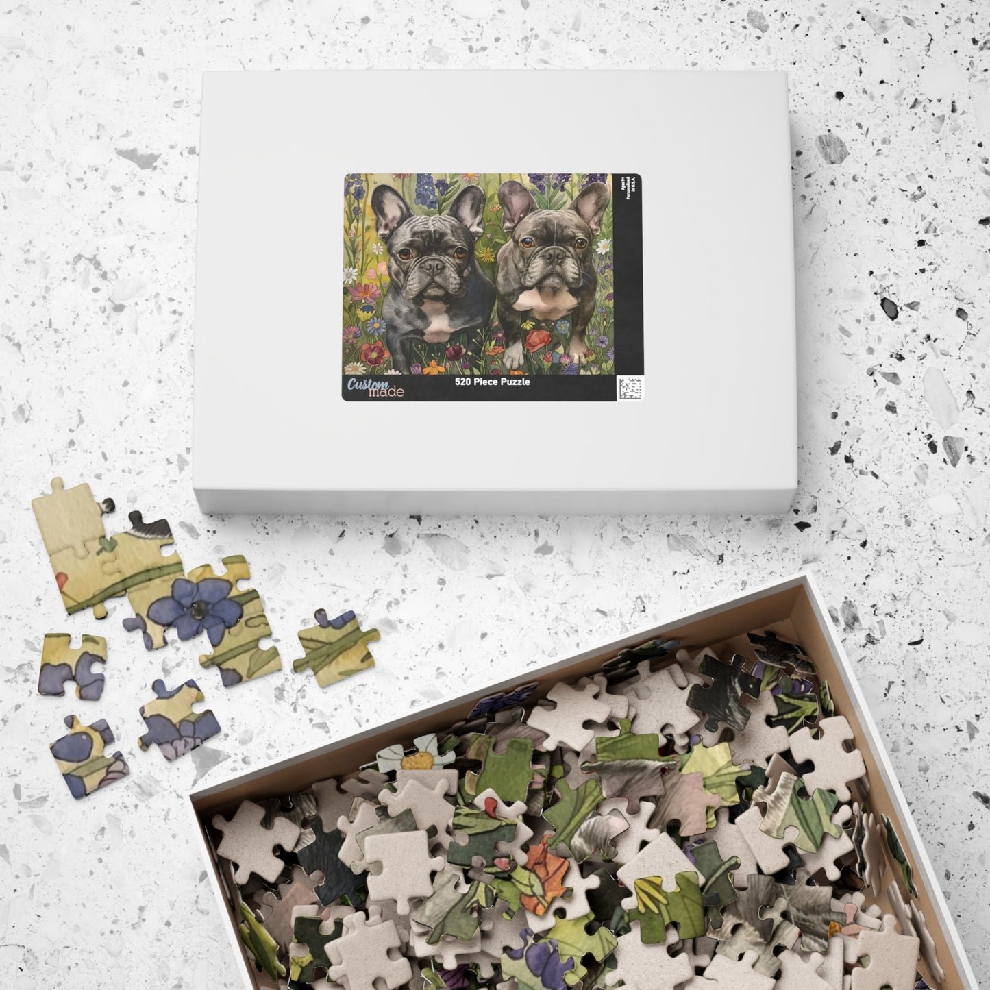 French Bulldog Wildflowers Puzzle — Black & White Dogs in Floral Field (110–1014 pcs)