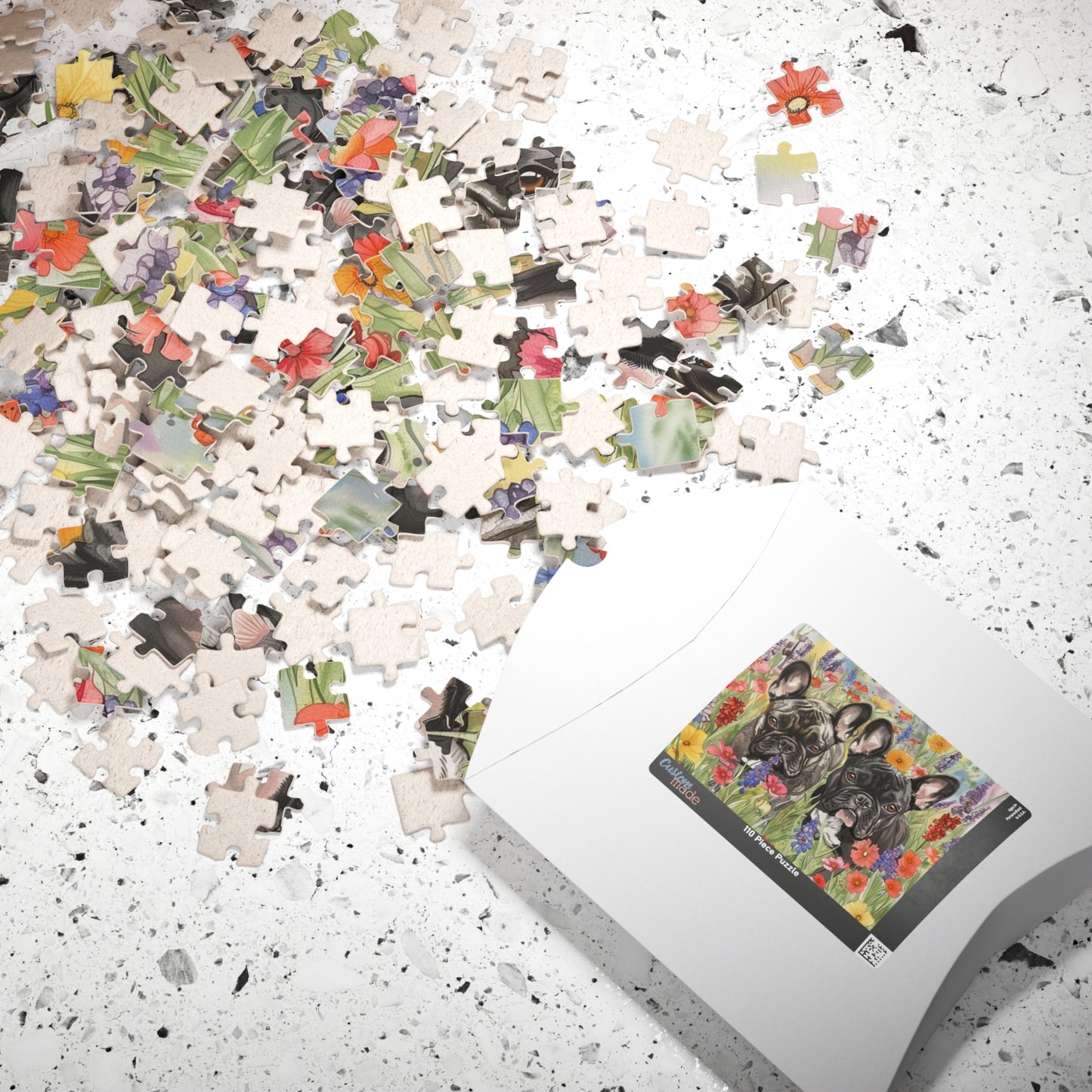 French Bulldog Watercolor Puzzle — Wildflower Field (110–1014 pcs)