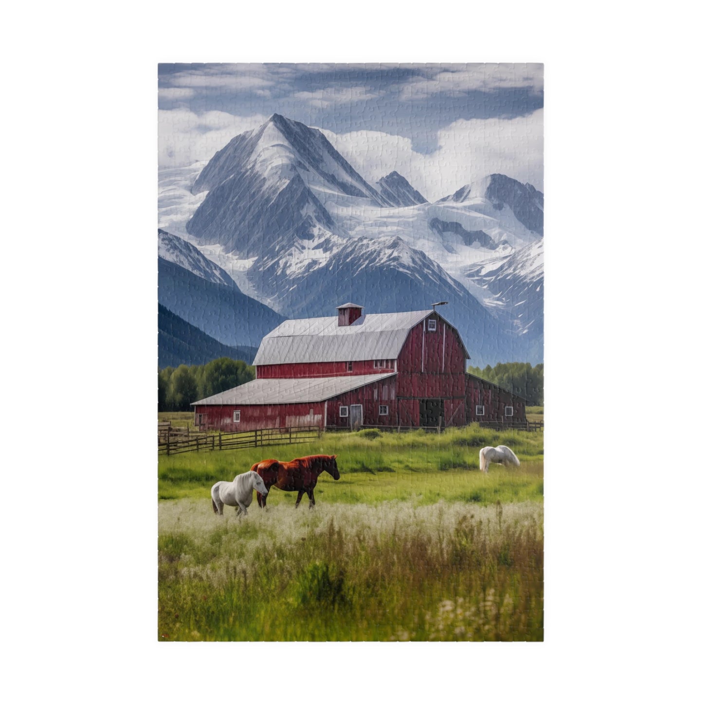 Country Scenic Puzzle — Red Barn, Horses & Mountains (110–1014 Pieces)