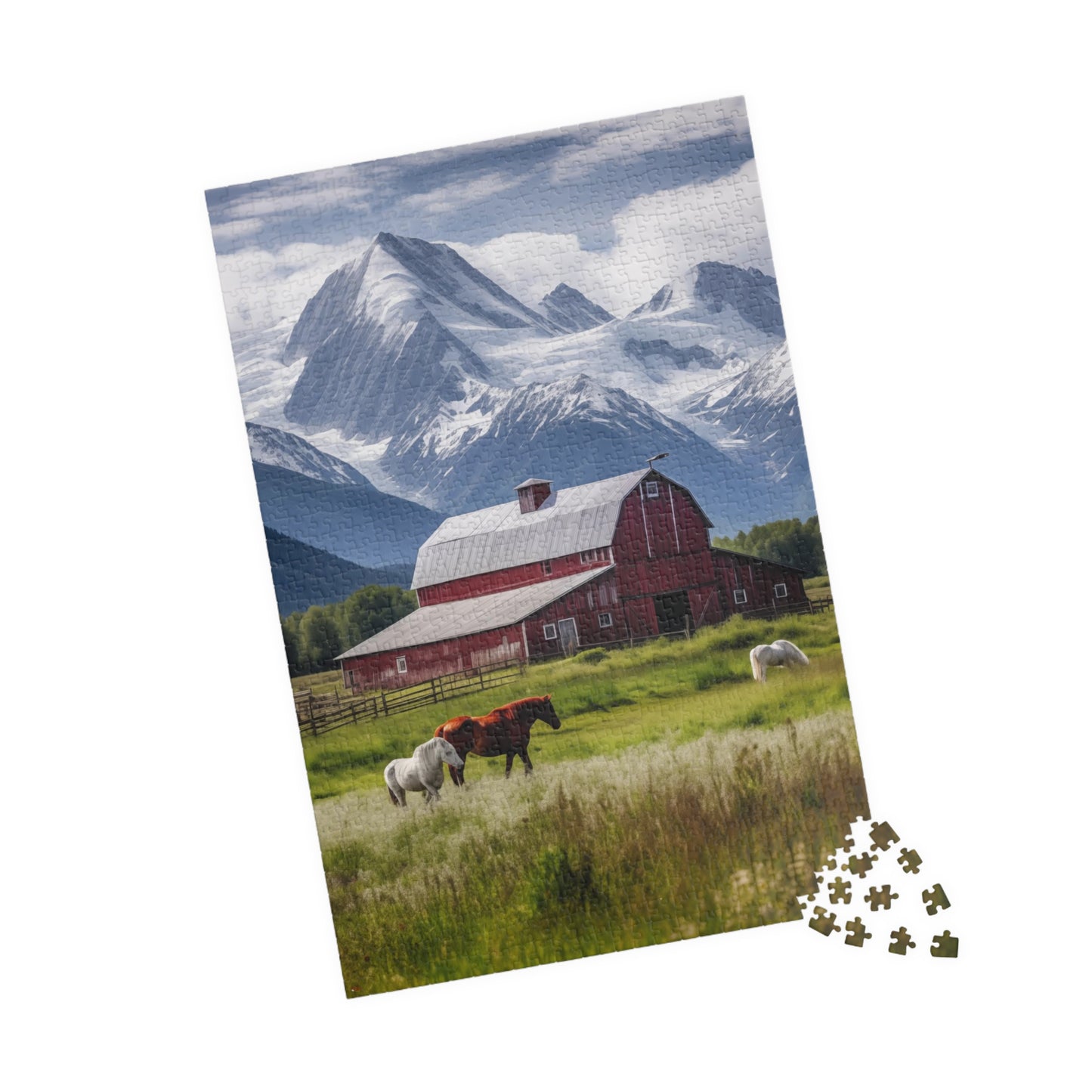 Country Scenic Puzzle — Red Barn, Horses & Mountains (110–1014 Pieces)