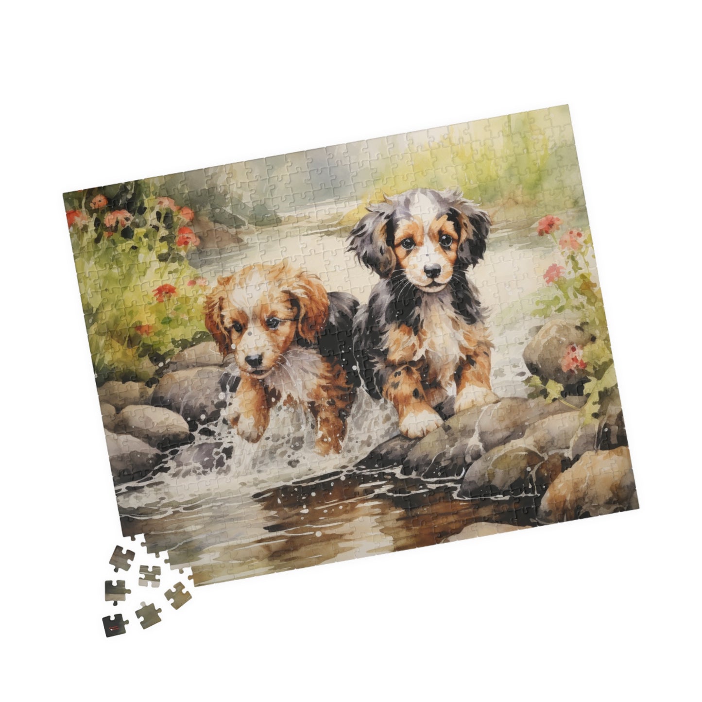 Puppies Running Through a Stream Puzzle — 110/252/520/1014-Piece Jigsaw