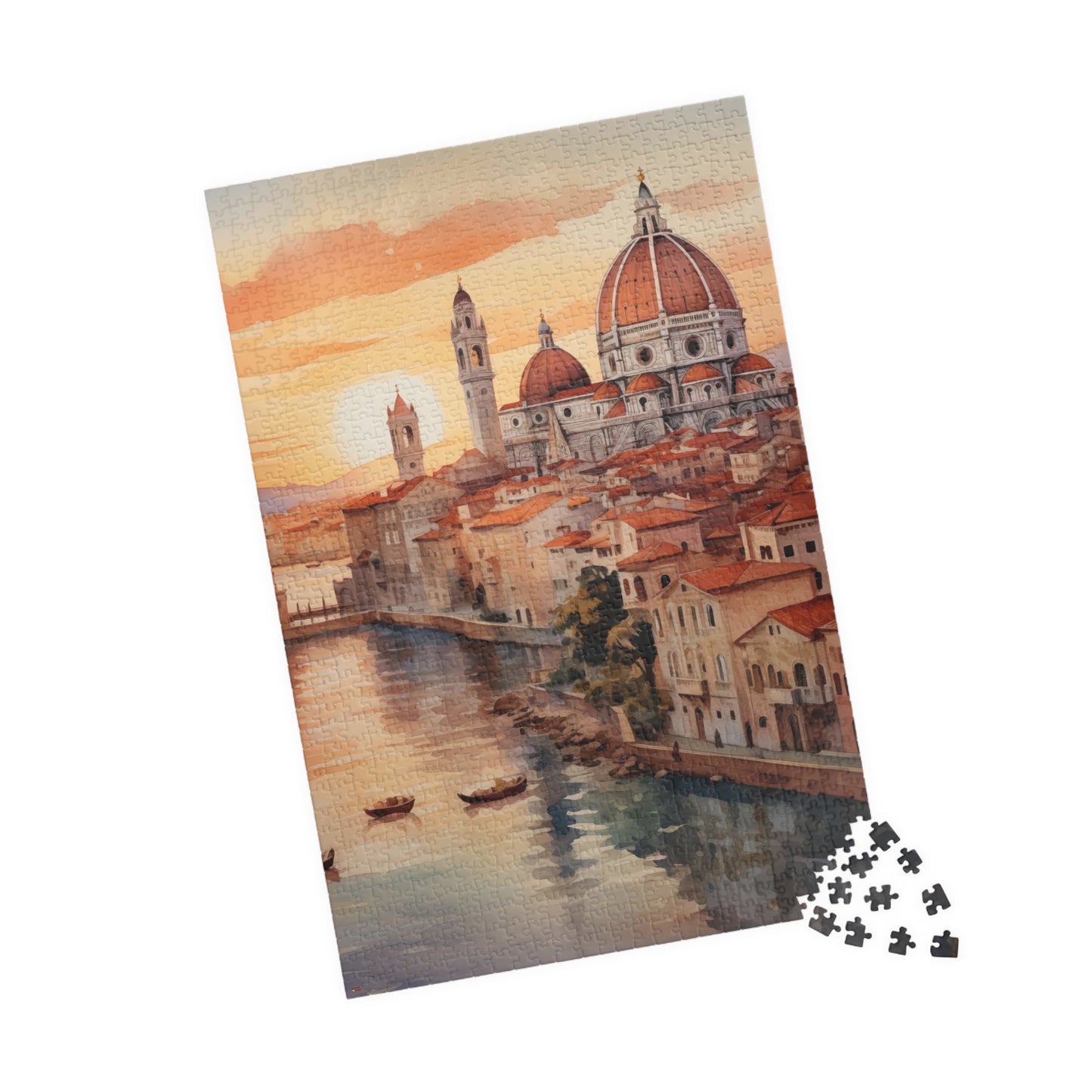 Italian Coastal Sunset Puzzle — Watercolor Cityscape (110–1014 pcs)
