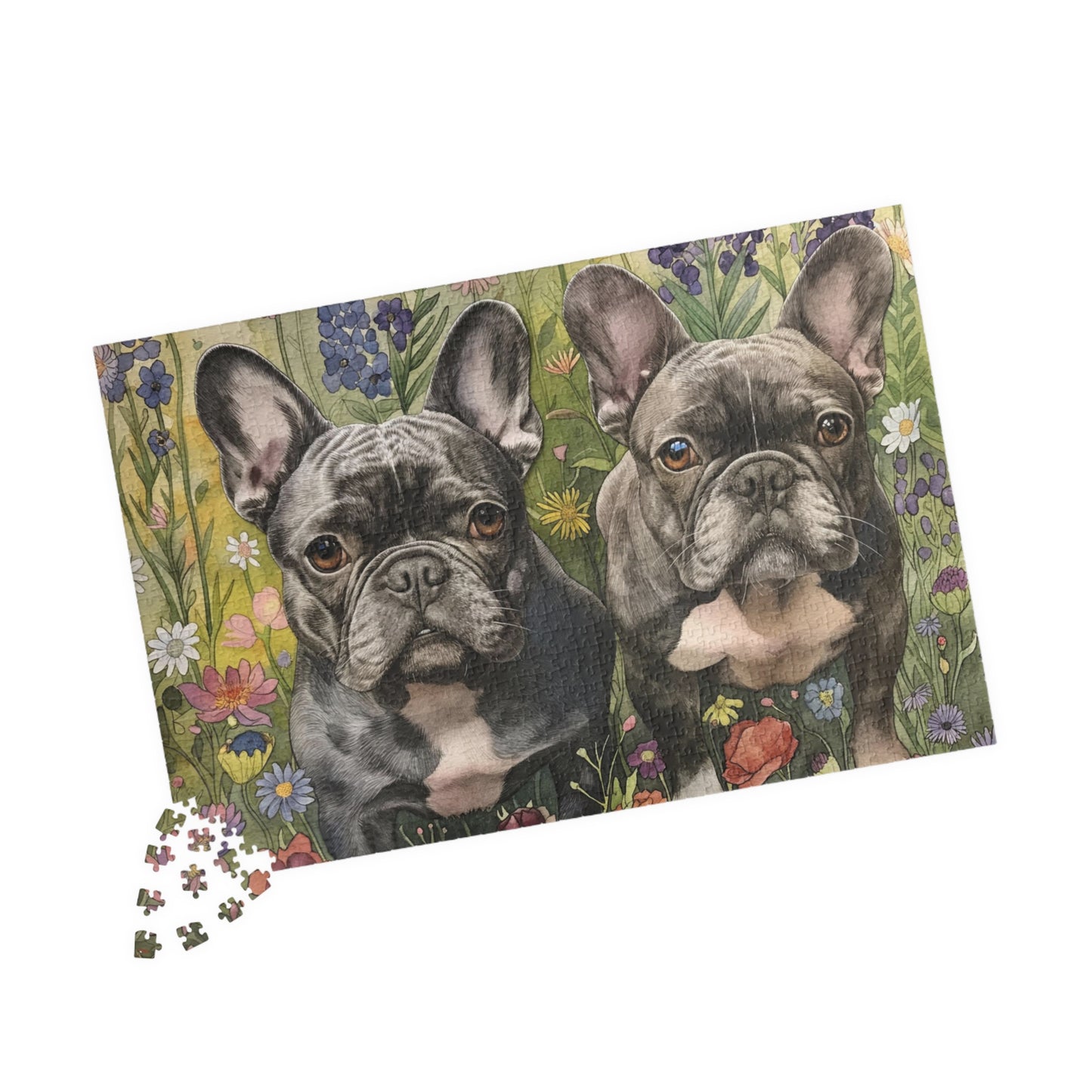 French Bulldog Wildflowers Puzzle — Black & White Dogs in Floral Field (110–1014 pcs)