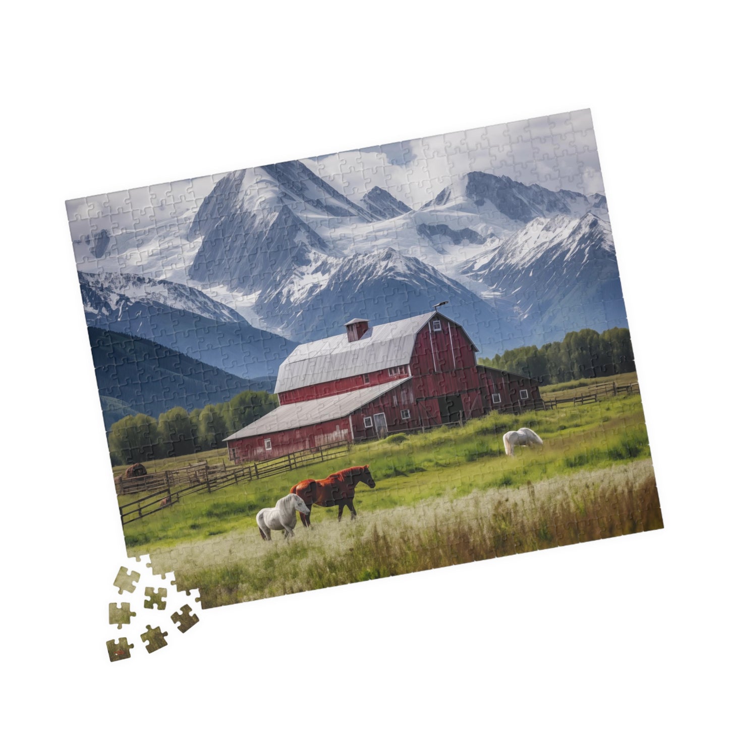 Country Scenic Puzzle — Red Barn, Horses & Mountains (110–1014 Pieces)