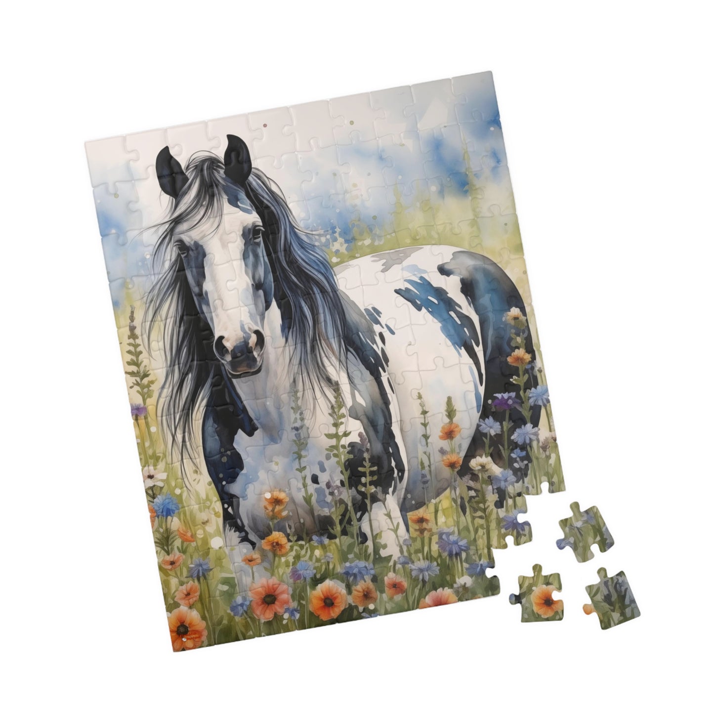 American Paint Horse Puzzle in Wildflowers Field (110, 252, 520, 1014-piece) Equine Quarter Equestrienne Pony Stallion Mare Racehorse Colt Filly Animals Steed Jig Saw