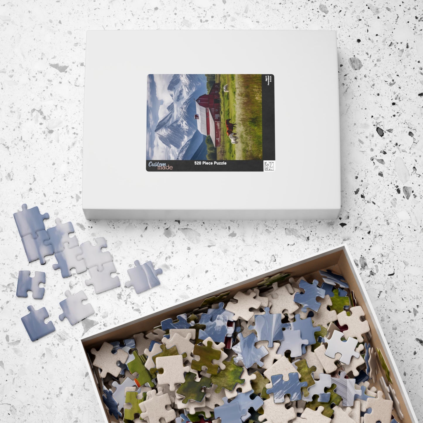 Country Scenic Puzzle — Red Barn, Horses & Mountains (110–1014 Pieces)