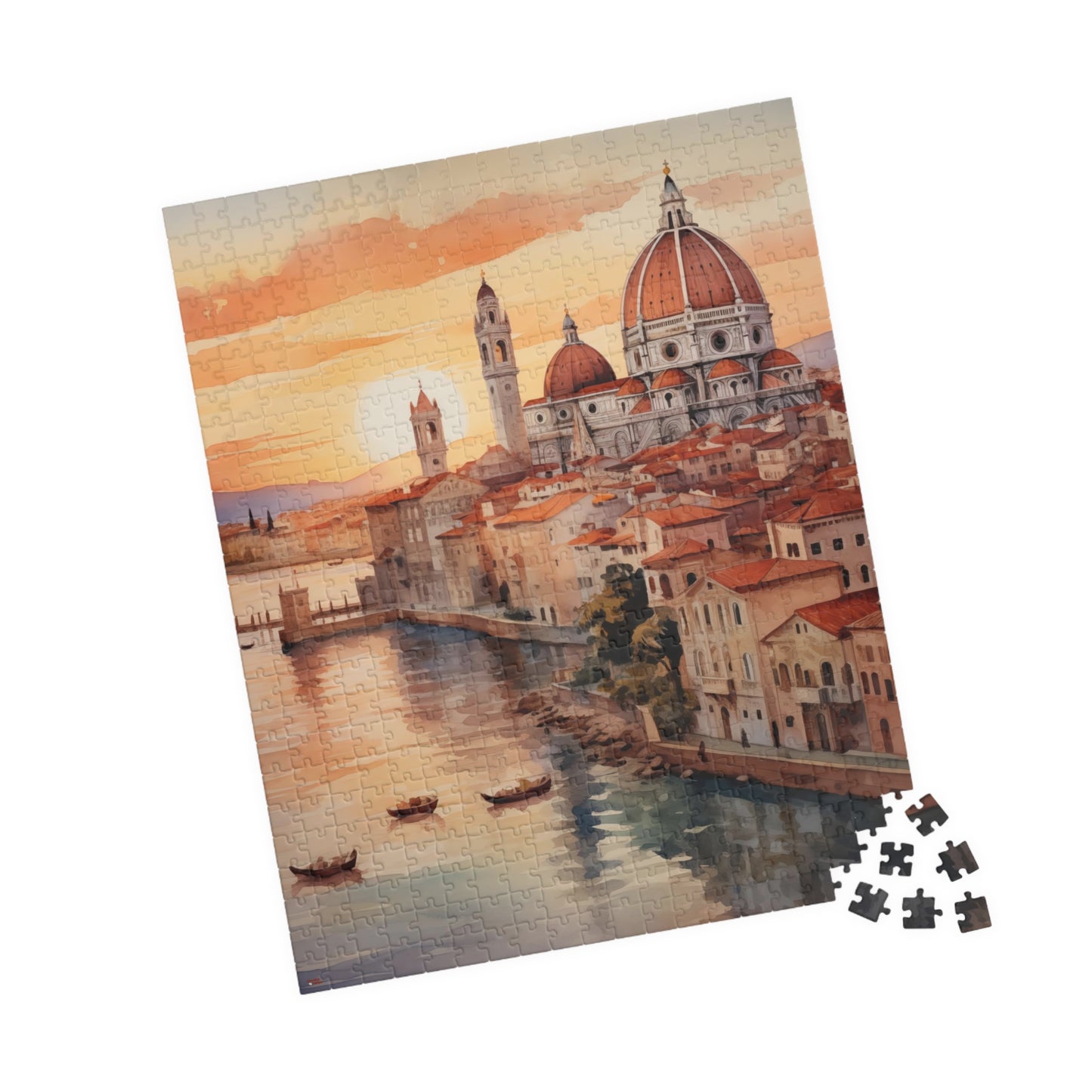 Italian Coastal Sunset Puzzle — Watercolor Cityscape (110–1014 pcs)